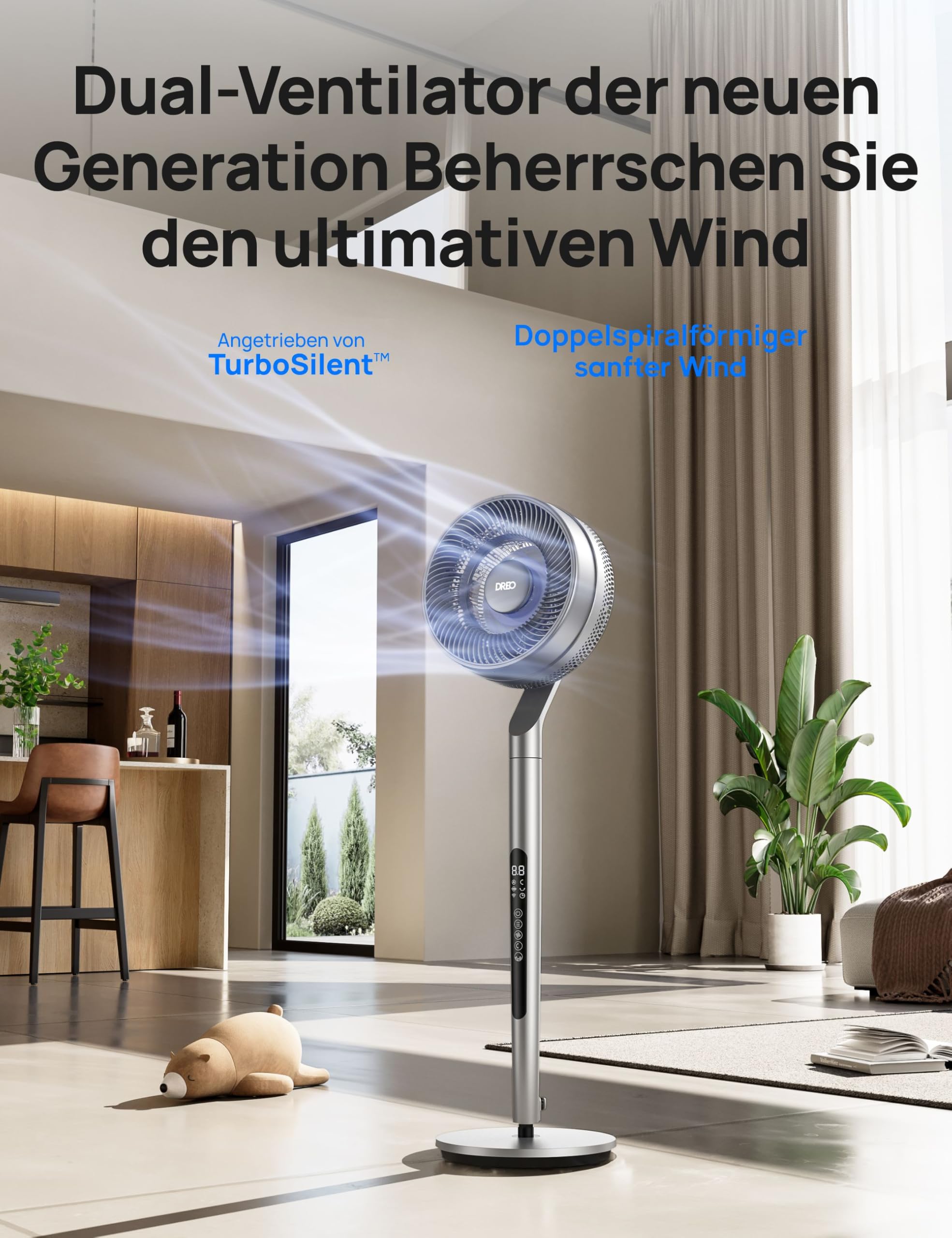 Dreo Standventilator mit intelligenter Steuerung, 101,6–111,8 cm höhenverstellbar, DC leiser Ventilator für Schlafzimmer, 120°+85° omnidirektionaler oszillierender Ventilator, 30,5 m Luftstrom, 10