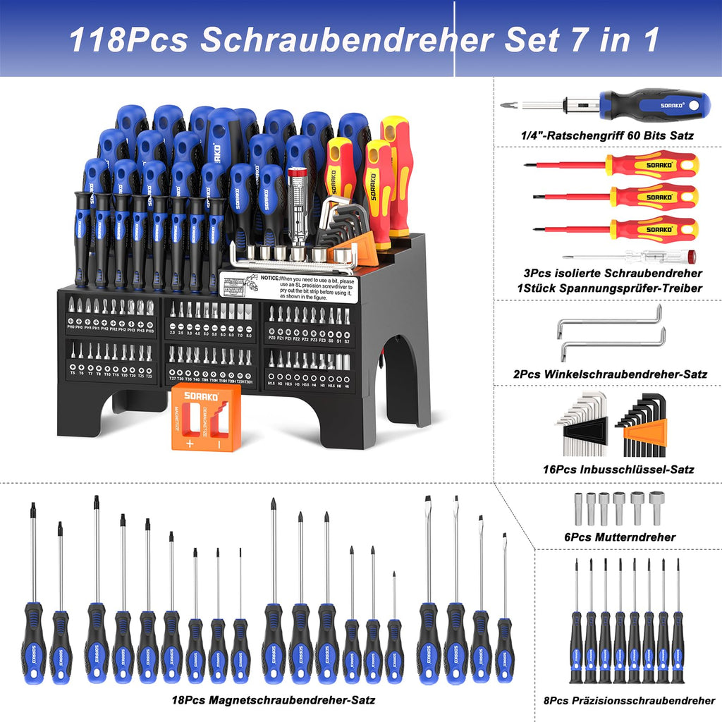 SORAKO 118tlg Schraubendreher Set magnetisch, inkl. Ratschenschraubendreher, Bits, Präzisionsschraubendreher, isolierte Schraubendreher, Spannungsprüfer, für die Wartung zu Hause und im Büro