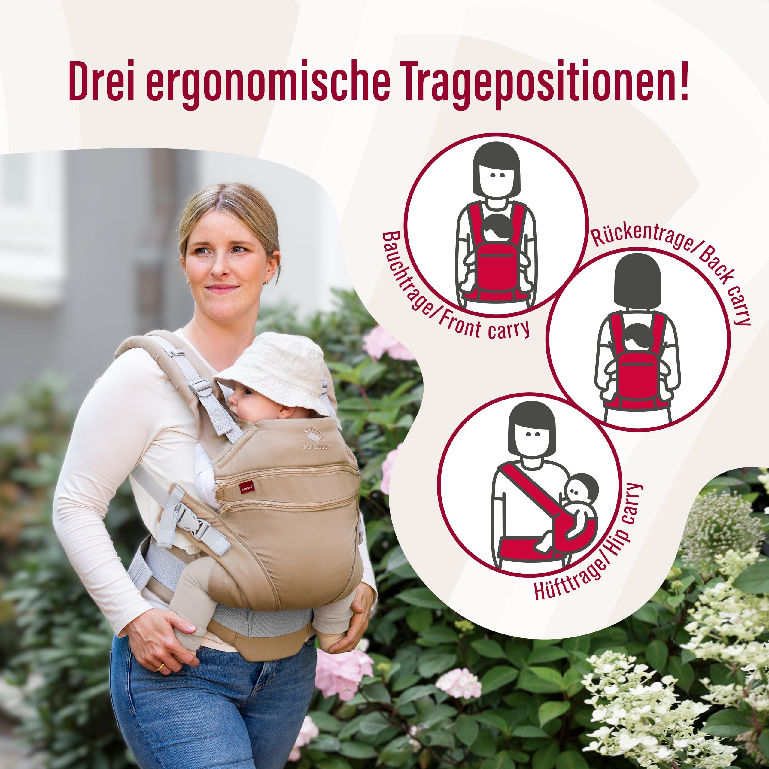 manduca XT Babytrage - Verstellbarer Sitz, der mitwächst - Vom Neugeborenen bis zum Kleinkind - Babytrage aus Bio-Baumwolle mit 3 Tragemöglichkeiten ,Monochrome Cloud