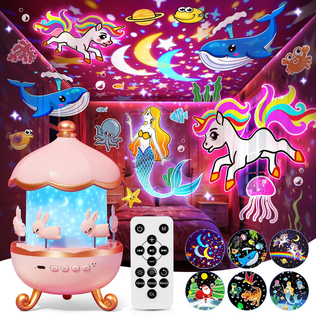 One Fire Sternenhimmel Projektor Kinder – mit 15 Filmen & 15 Musikstücken, 360° drehbar, Einhorn Spielzeug für Mädchen 3-14 Jahre, Nachtlicht gegen Weinen, Lern-Projektor mit Timer & 1200mAh Akku