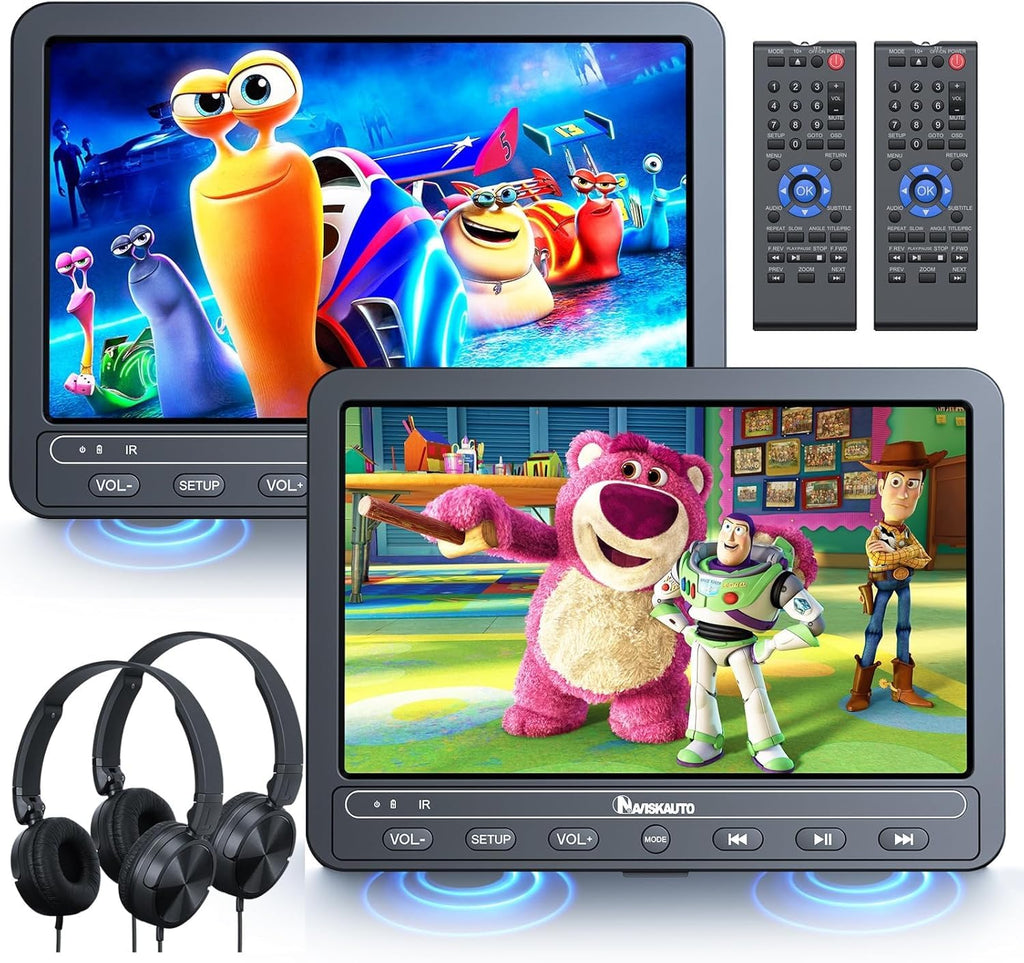 NAVISKAUTO 10,5 Zoll DVD Player Auto 2 Monitore Mit Eingebauter 5000 mAh Akku HDMI IN, Tragbarer DVD-Player Auto Fernseher TV Rücksitz Für Kinder Unterstützt USB/SD-Karte Mit Zwei Kopfhörern