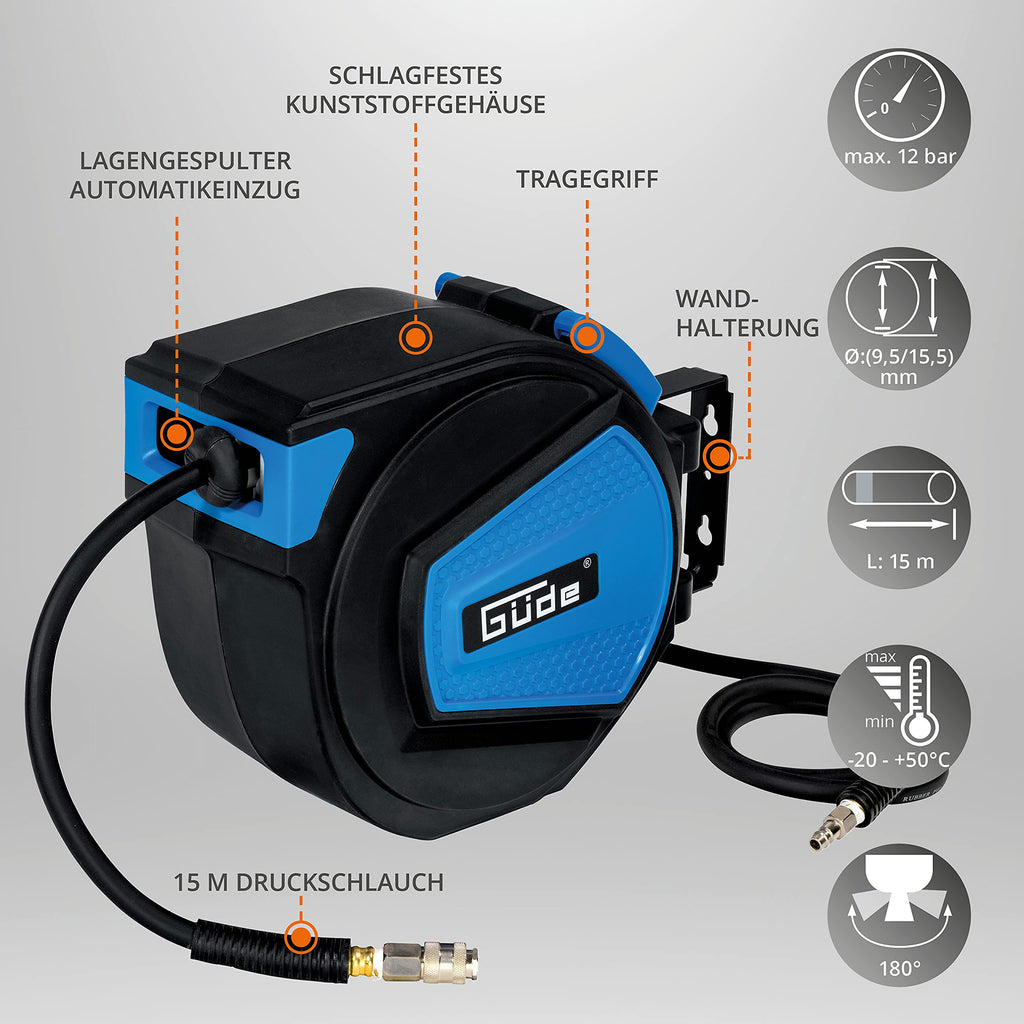 Güde Automatikschlauchtrommel 15 m (12 bar, 180° schwenkbar, Druckluftschlauch Ø 16/9 mm hochflexibel, abriebfest, überfahrbar, chemikalien- und temperaturbeständig, Automatikeinzug, Wandhalterung)