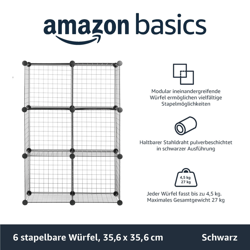 Amazon Basics 6 Stück Würfelregal aus Metall - Maximale Tragfähigkeit des Regals 27 kg, Schwarz, 77.0 x 37.0 x 113.0 cm (L x W x H)