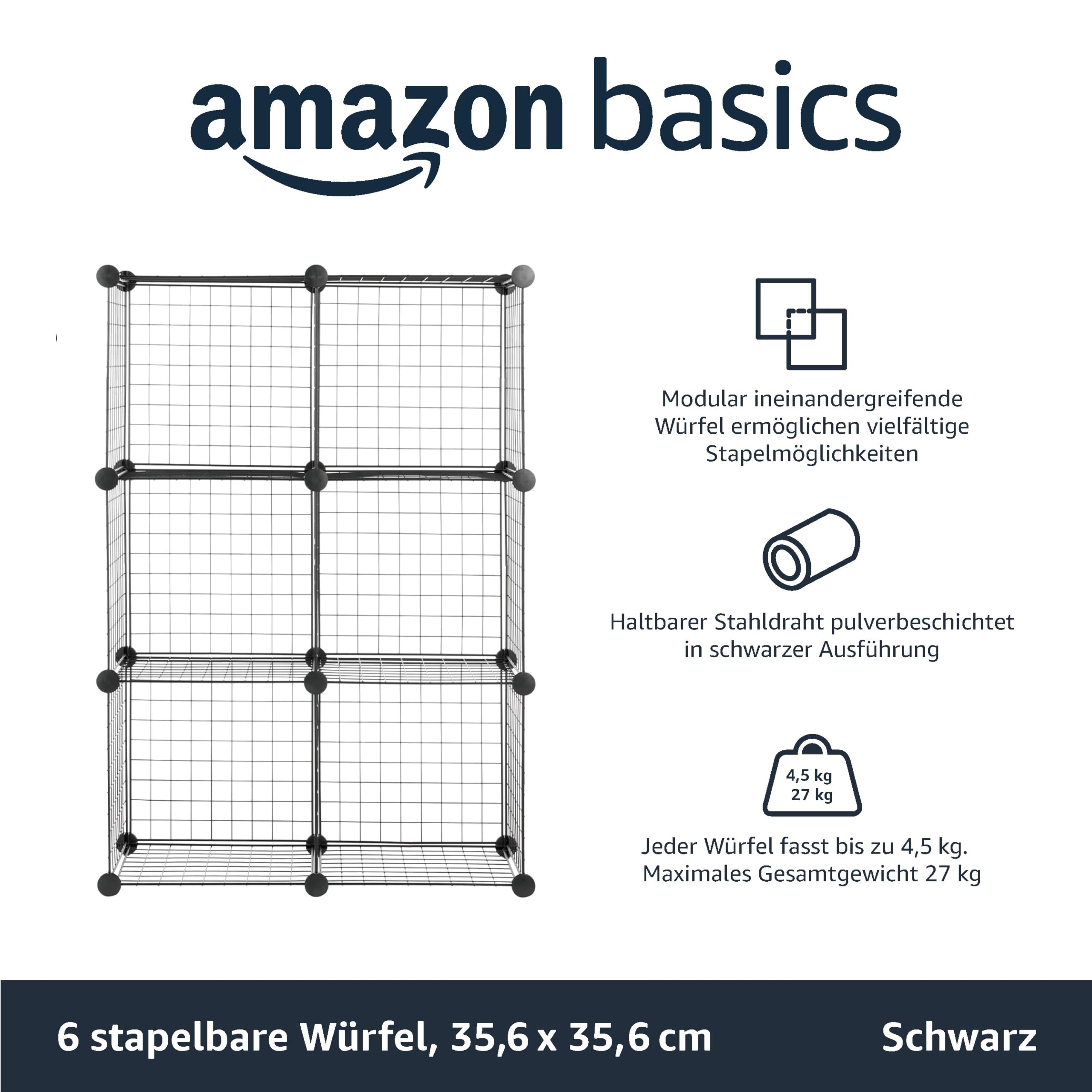 Amazon Basics 6 Stück Würfelregal aus Metall - Maximale Tragfähigkeit des Regals 27 kg, Schwarz, 77.0 x 37.0 x 113.0 cm (L x W x H)