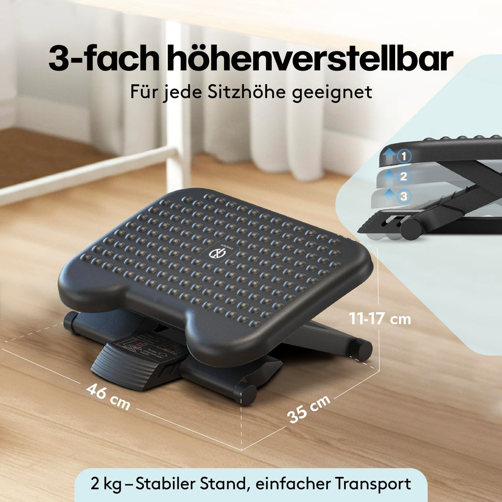 ACROPAQ Fußstütze Schreibtisch - Fußstütze mit 3 verstellbaren Höhen, Massagefunktion, neigbar von -30° bis +30° für maximalen Komfort - Fusshocker, Stehmatte schreibtisch, Fußbank