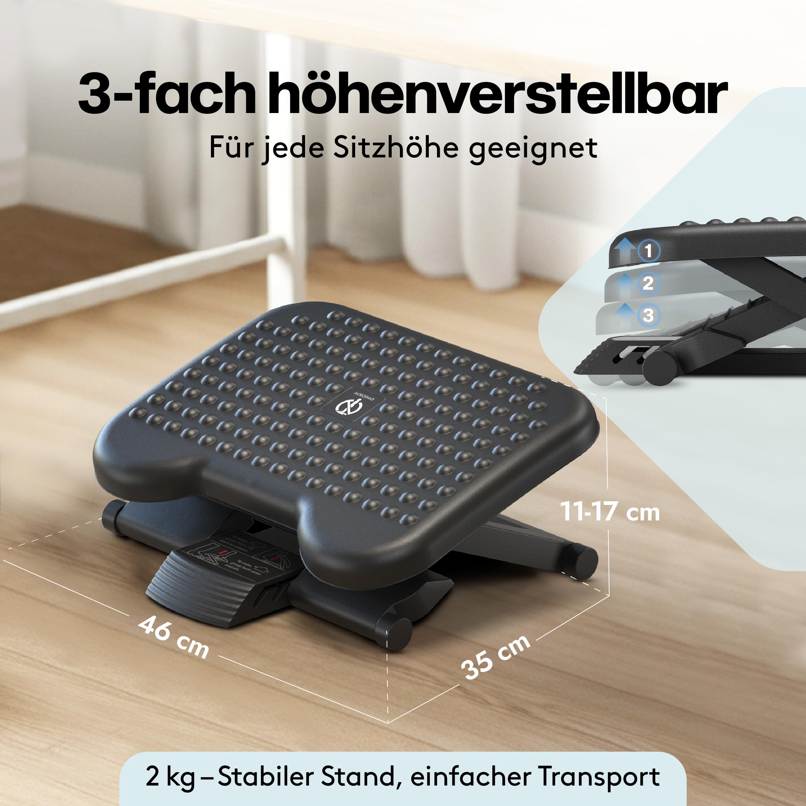 ACROPAQ Fußstütze Schreibtisch - Fußstütze mit 3 verstellbaren Höhen, Massagefunktion, neigbar von -30° bis +30° für maximalen Komfort - Fusshocker, Stehmatte schreibtisch, Fußbank