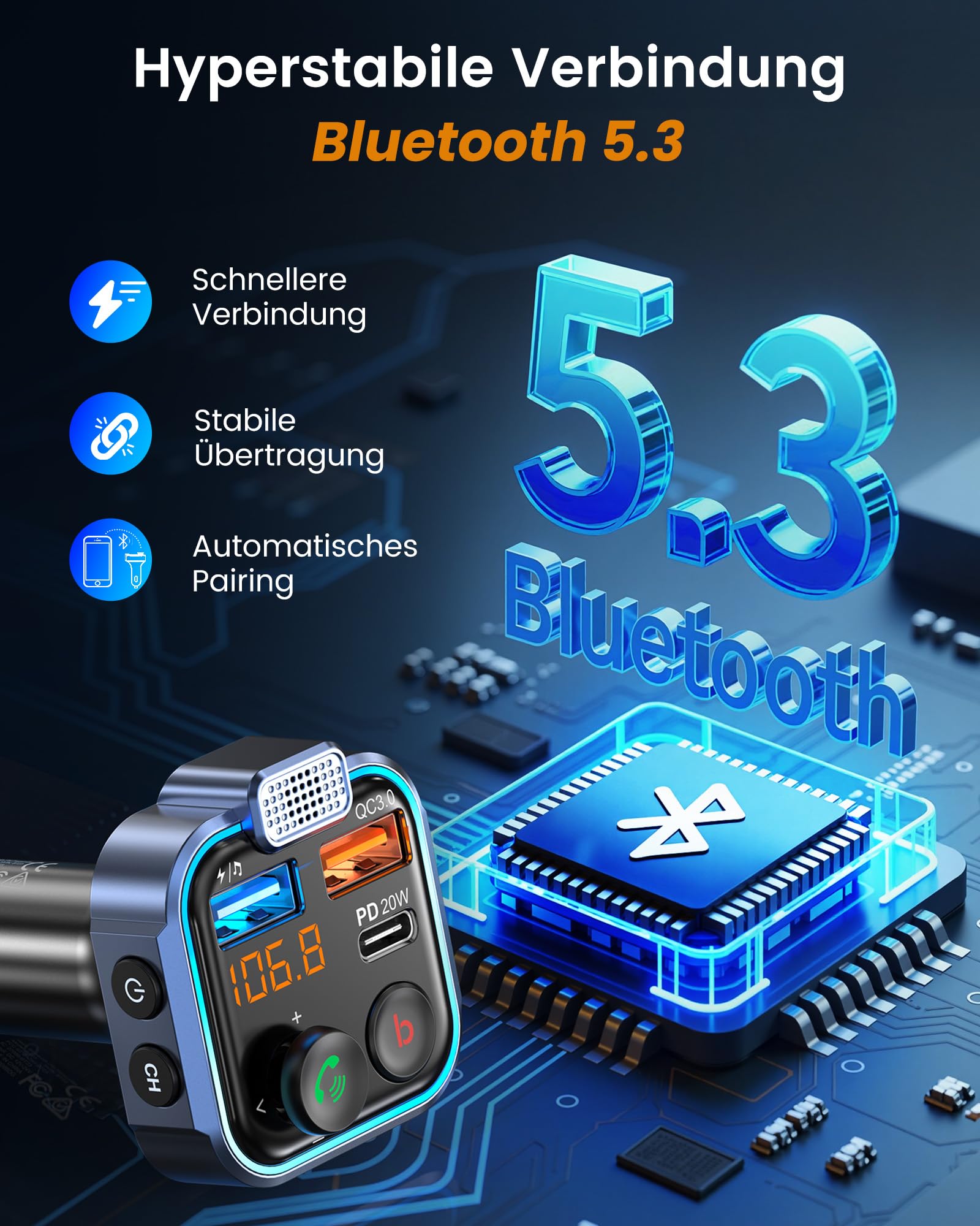 LENCENT 38W FM Transmitter Auto Bluetooth V5.3, Radio Deep Bass Musik Schnelles Autoladegerät Zigarettenanzünder, KFZ Bluetooth Adapter Freisprechanlage, Noise Cancelling Mikrofon, Lichtschalter