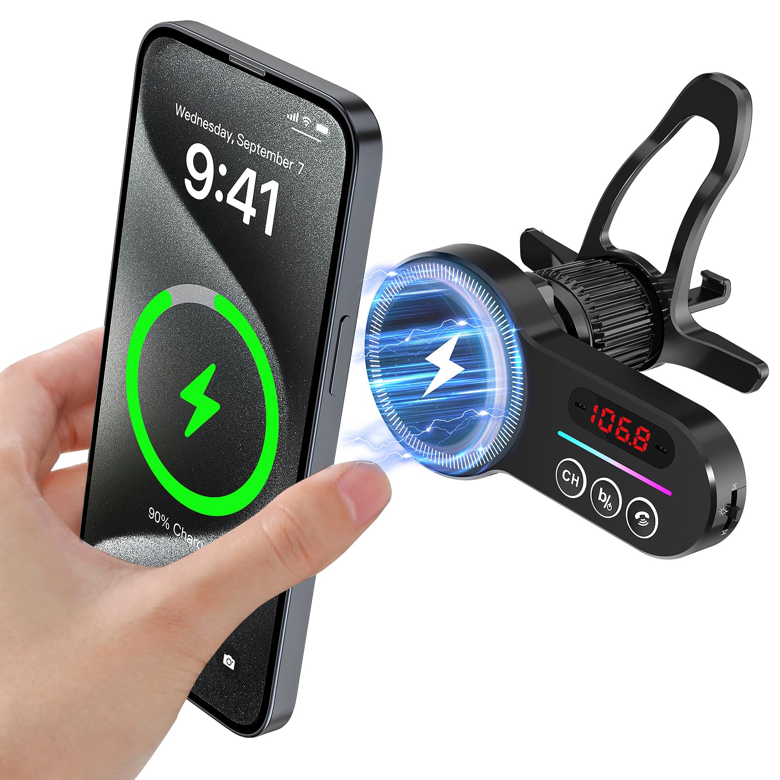 Magift for MagSafe Car Bluetooth Transmitter Mount, Black 20X Powerful Magnetic Phone Holder for iPhone, Bluetooth 5.3 Car Adapter Hands Free, QC 3.0, Easily Install