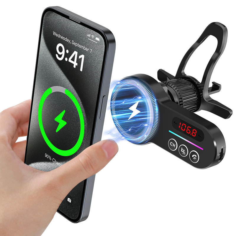 Magift for MagSafe Car Bluetooth Transmitter Mount, Black 20X Powerful Magnetic Phone Holder for iPhone, Bluetooth 5.3 Car Adapter Hands Free, QC 3.0, Easily Install