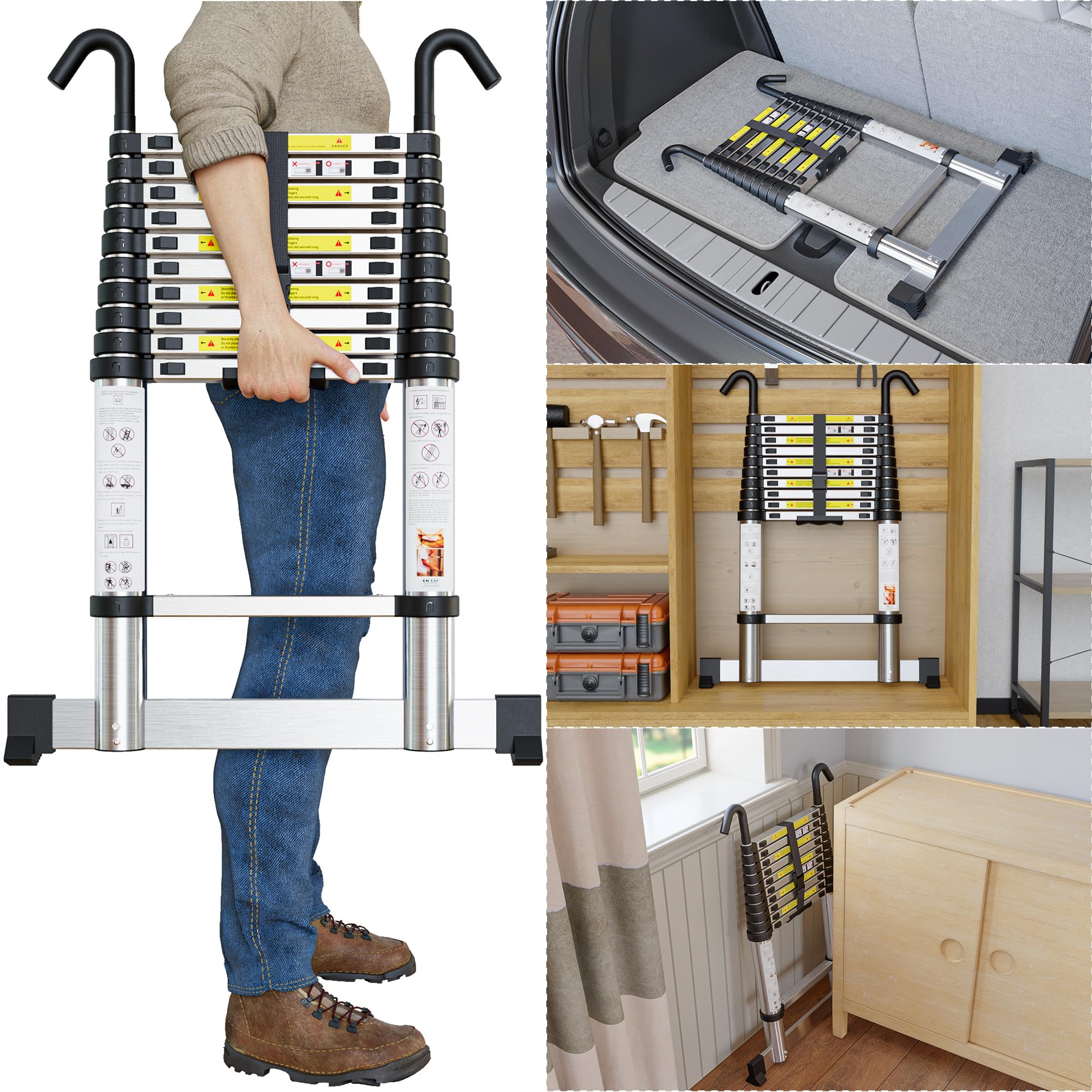 SIMPDIY 2,6M Teleskopleiter, Aluleiter ausziehbar mit Stabilisator, Leiter Ausziehbar mit Haken, 9 Sprossen, für Hause, Wohnmobil und Freien, Tragkraft 150 kg