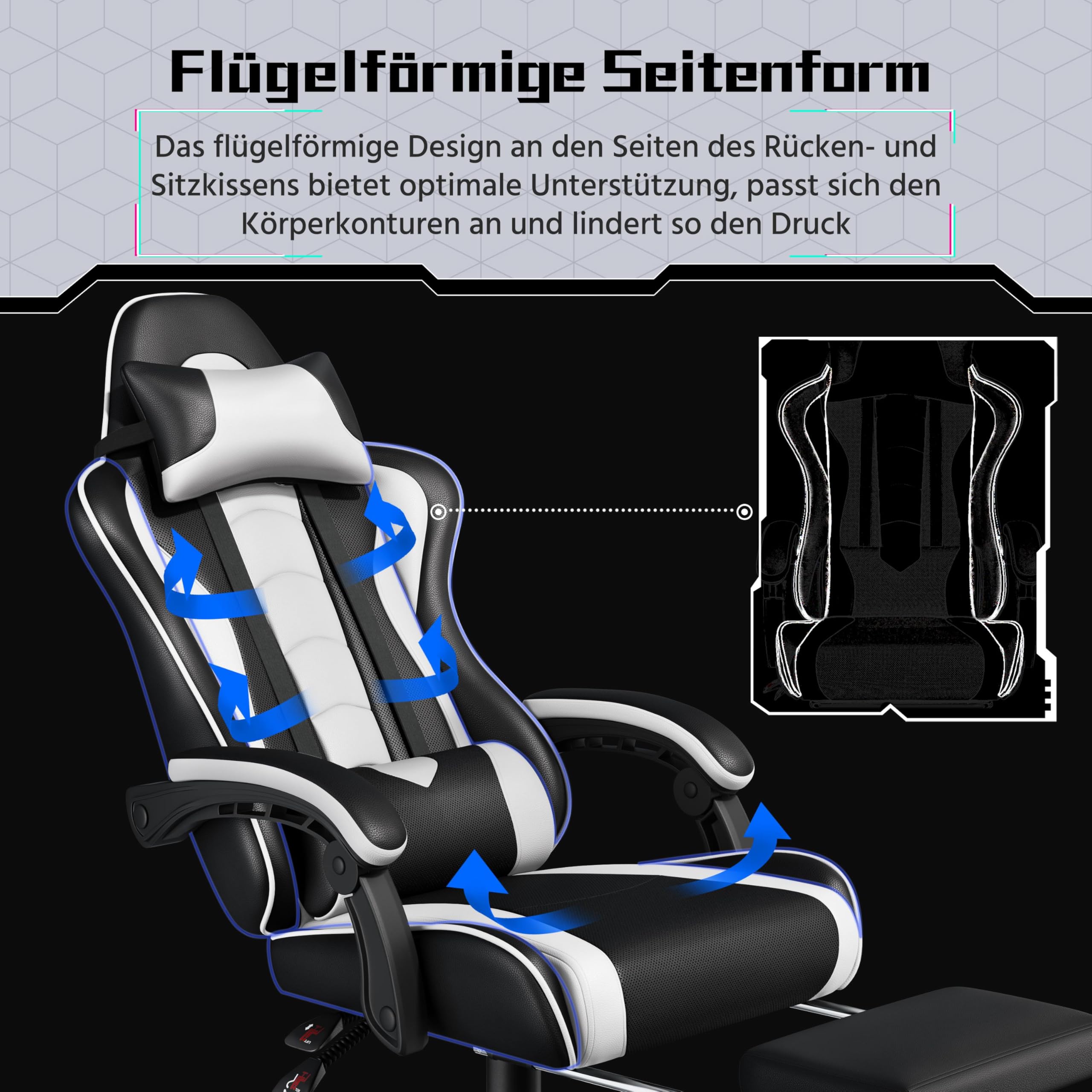 Yaheetech Gaming Stuhl Ergonomischer Gamer Stuhl mit Massagefunktion Computerstuhl mit Fußstütze Bürostuhl 90-135° Rückenlehne verstellbar Gaming Sessel PC Stuhl Weiß