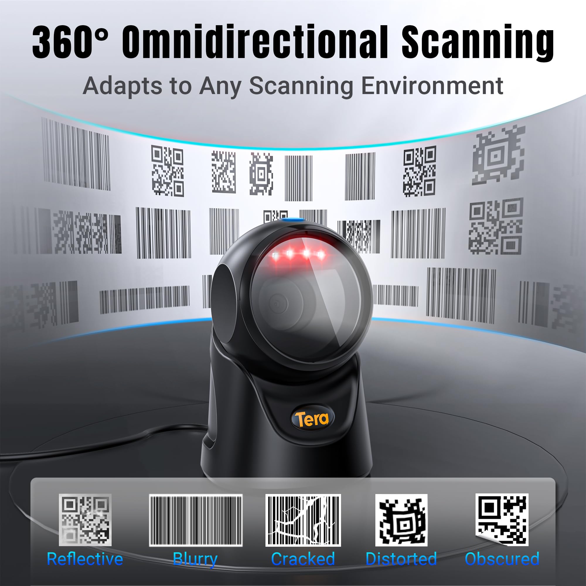 Tera Barcode Scanner Plattform Omnidirektional: 1D 2D QR Code Desktop-Lesegerät Freihändig USB Kabelgebunden Verstellbarer Winkel, Plug-and-Play für POS Supermarkt Lager Einzelhandel Krankenhaus 9700
