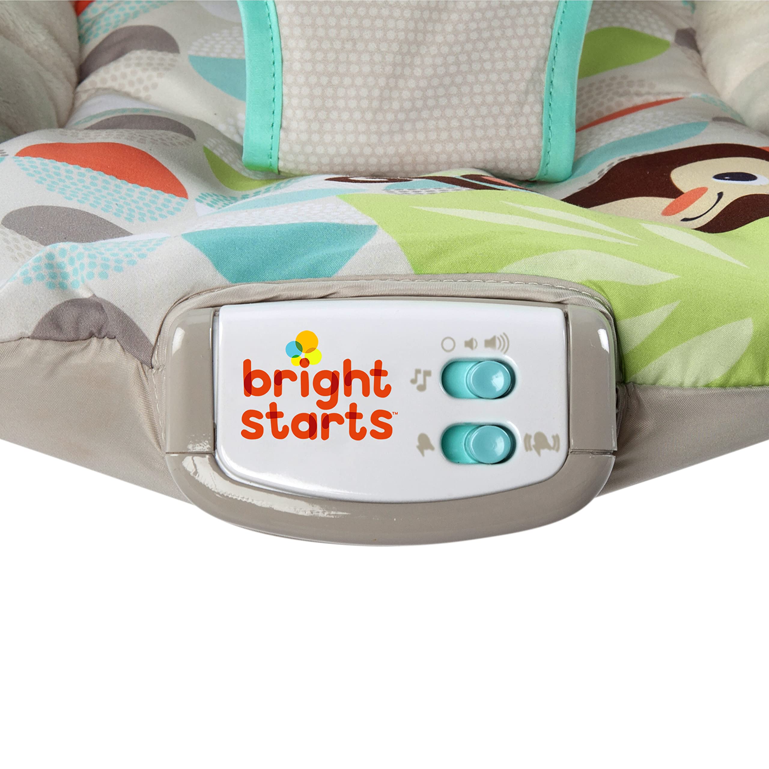 Bright Starts, Babywippe Babyschaukel Happy Safari mit beruhigenden Vibrationen & 7 Melodien, abnehmbarer Kopfstütze und Spielbogen mit 3 Spielzeugen, Lautstärkeregeler, ab der Geburt bis 9kg