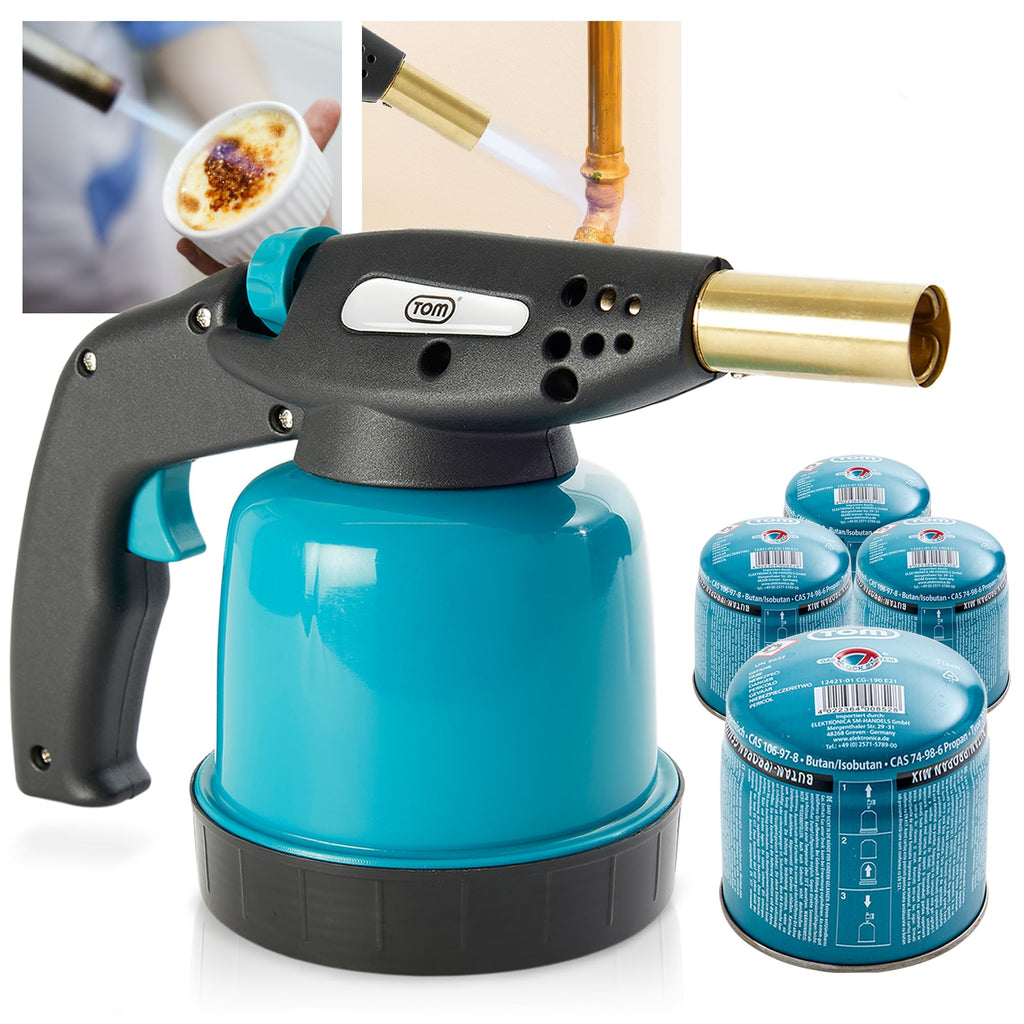 TOM Gas-Lötbrenner im Set – inkl. 4 x 190 g Universal Gaskartuschen – 1300°C – Lötlampe zum Weich- oder Hartlöten – Piezozündung – Bunsenbrenner Gasbrenner (Lötbrenner mit 4 Gaskartuschen)