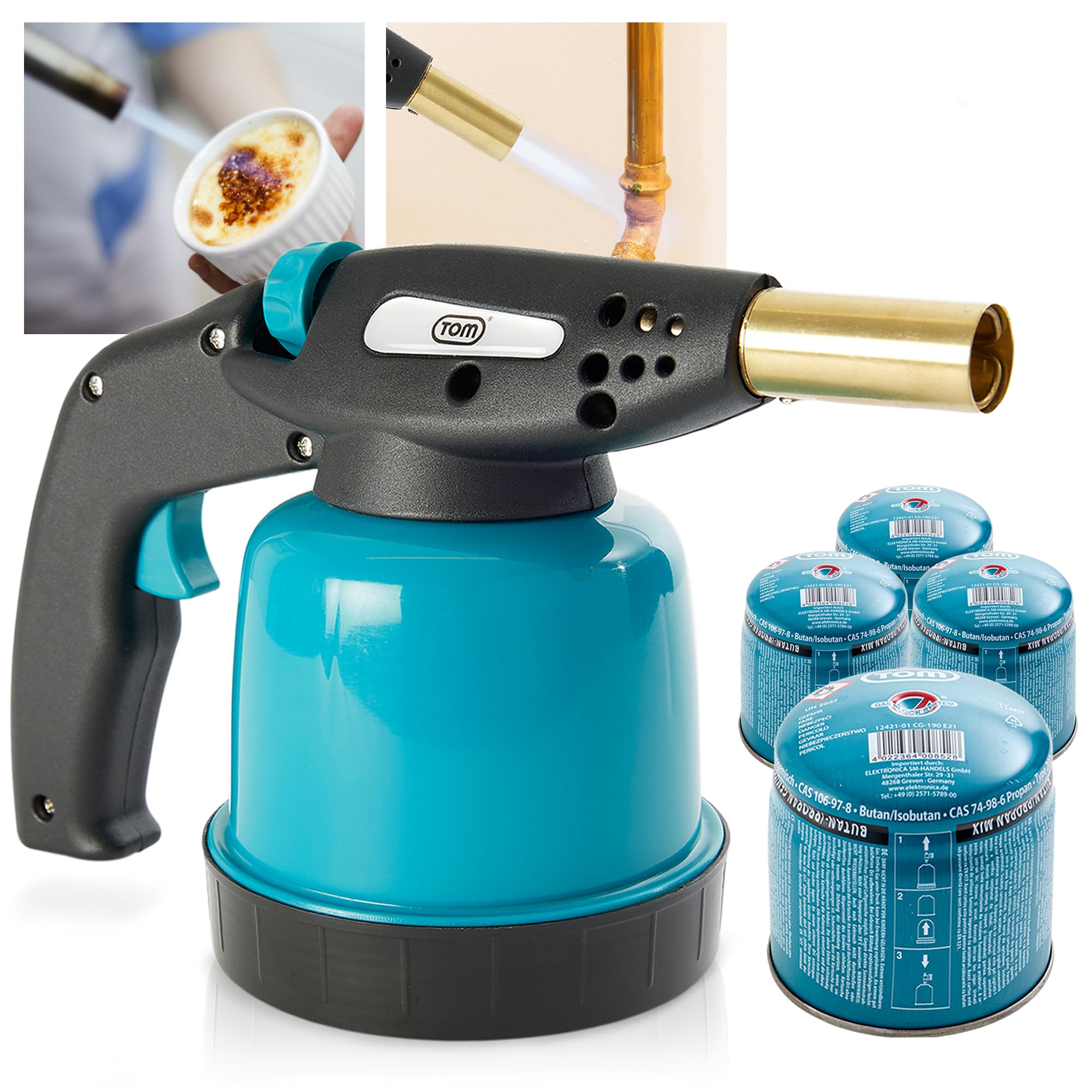 TOM Gas-Lötbrenner im Set – inkl. 4 x 190 g Universal Gaskartuschen – 1300°C – Lötlampe zum Weich- oder Hartlöten – Piezozündung – Bunsenbrenner Gasbrenner (Lötbrenner mit 4 Gaskartuschen)