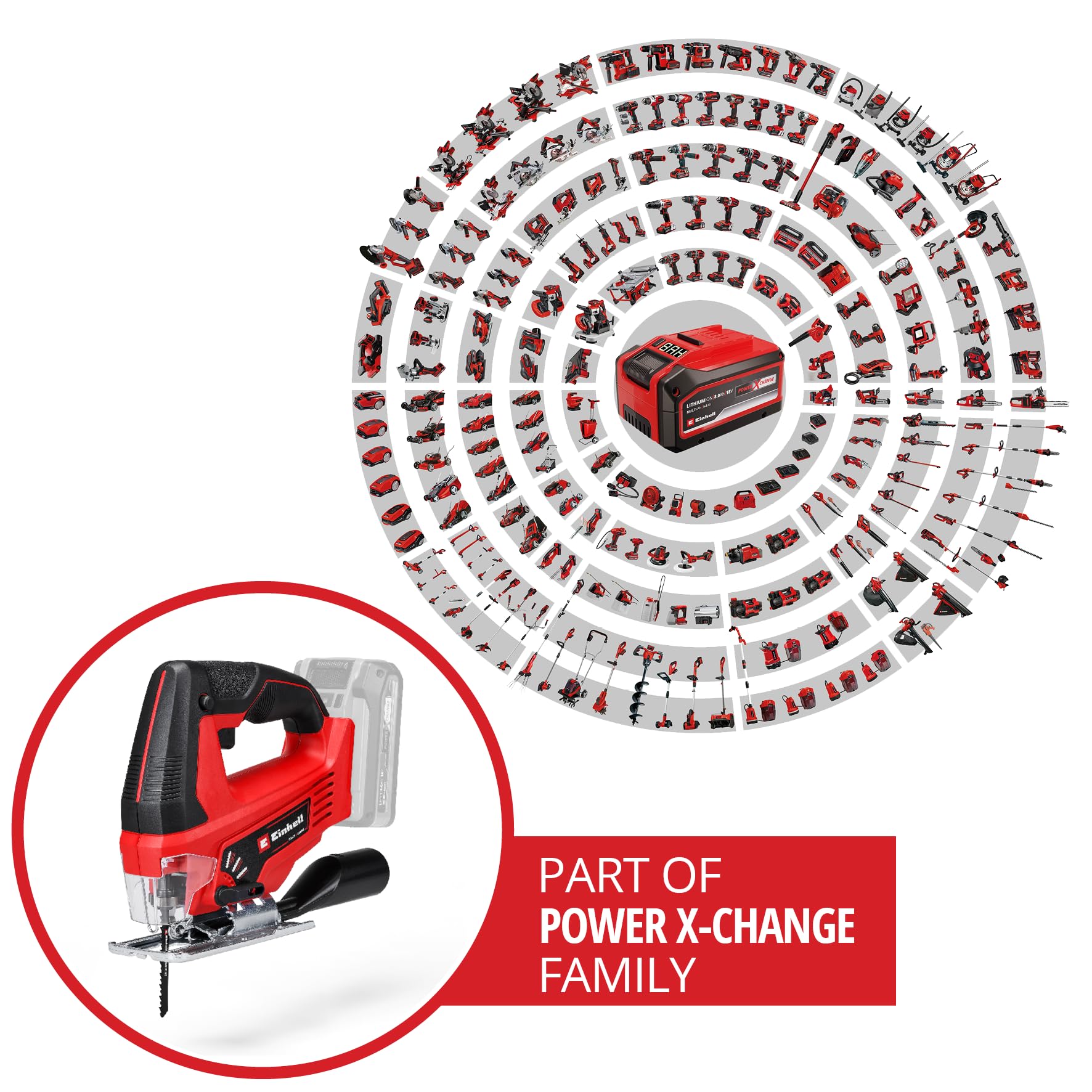 Einhell Akku-Stichsäge TC-JS 18 Li Power X-Change (Li-Ion, 18V, 20 mm Hubhöhe, max. 45° Schrägschnitte, Pendelhubfunktion, werkzeuglose Sägeblattaufnahme, inkl. Sägeblatt, ohne Akku und Ladegerät)