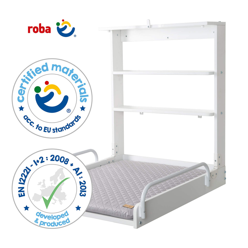 roba Wandwickeltisch + Wickelauflage roba Style grau - Wickeltisch klappbar & platzsparend zur einfachen Wandmontage - Holz weiß, 1 Stück (1er Pack)