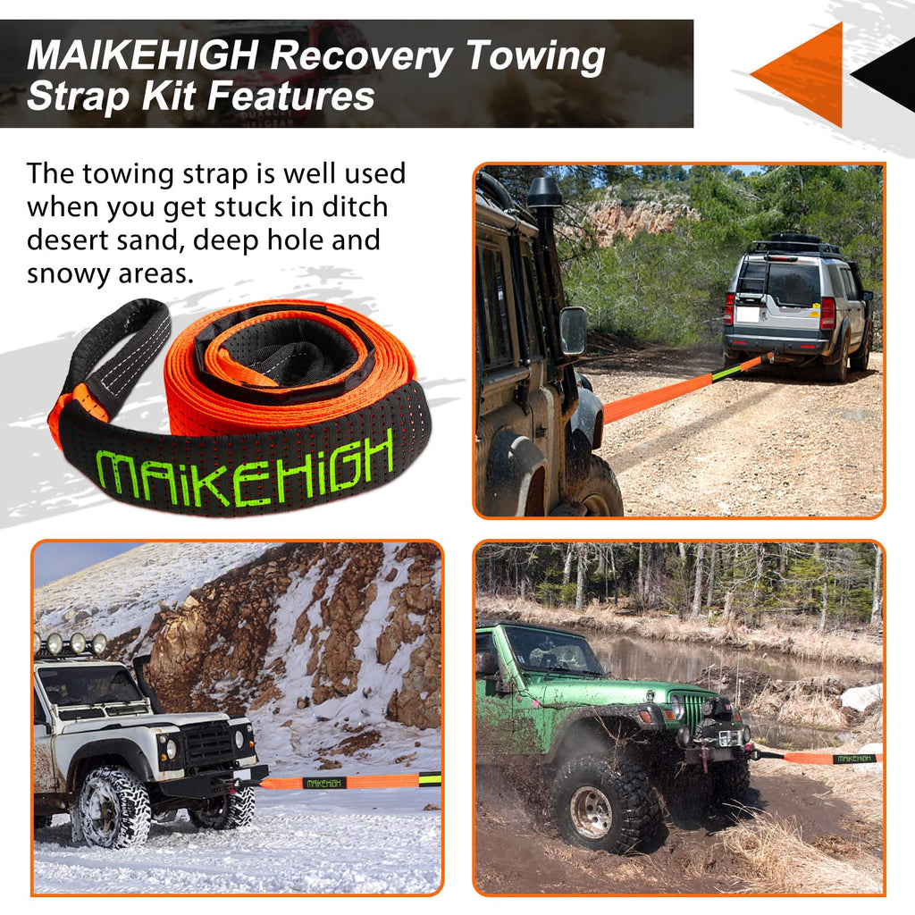 MAIKEHIGH Abschleppseil 5M x 5cm, 10 Tonnen (22,000 Lbs) Polyester Tow Rope Kit Für Off-Road Recovery Mit 2 Verstärkten Haken und 2 Handschuhen