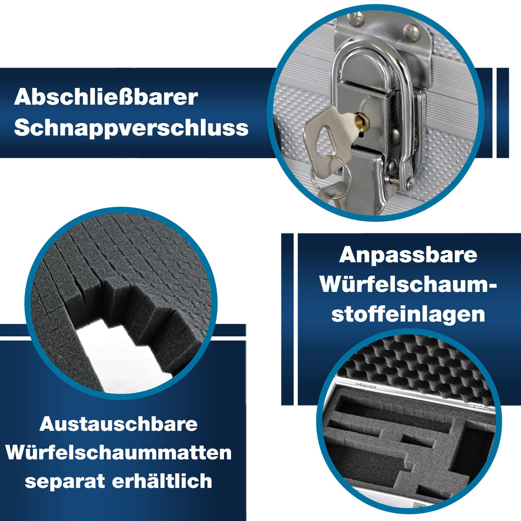 PeakTech Alukoffer P 7260 – abschließbarer Universal-Transportkoffer mit Würfelschaumstoff – tragbarer Fotokoffer – robuster Alu Koffer mit Schutz vor Regen und Staub – groß (370 x 230 x 80mm)