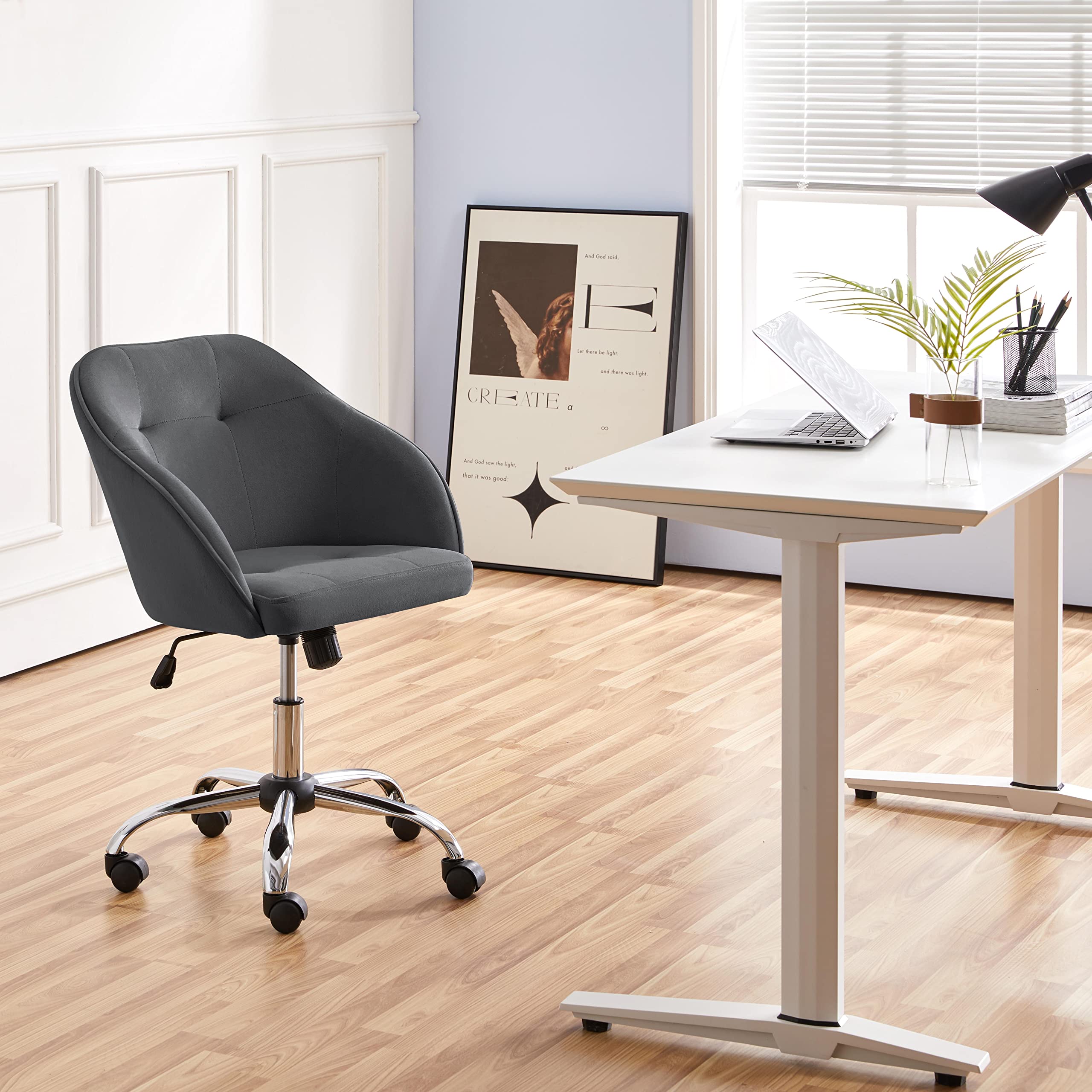 Yaheetech Homeoffice Stuhl, Schminkstuhl, höhenverstellbar Drehstuhl, SamtStuhl Schreibtischstuhl für Arbeitszimmer, Schlafzimmer, Atmungsaktiv Rollstuhl bis 136 KG belastbar Dunkelgrau