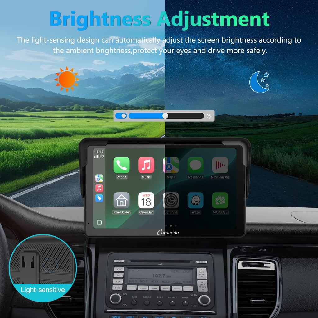Carpuride Carplay Screen, Tragbares Kabelloses Carplay und Android-Auto, 7 Zoll 1080P HD-Touchscreen-Radio mit BT 5.0, Spiegel-Link-Unterstützung, LKW, Wohnmobil, Armaturenbrett-Halterung