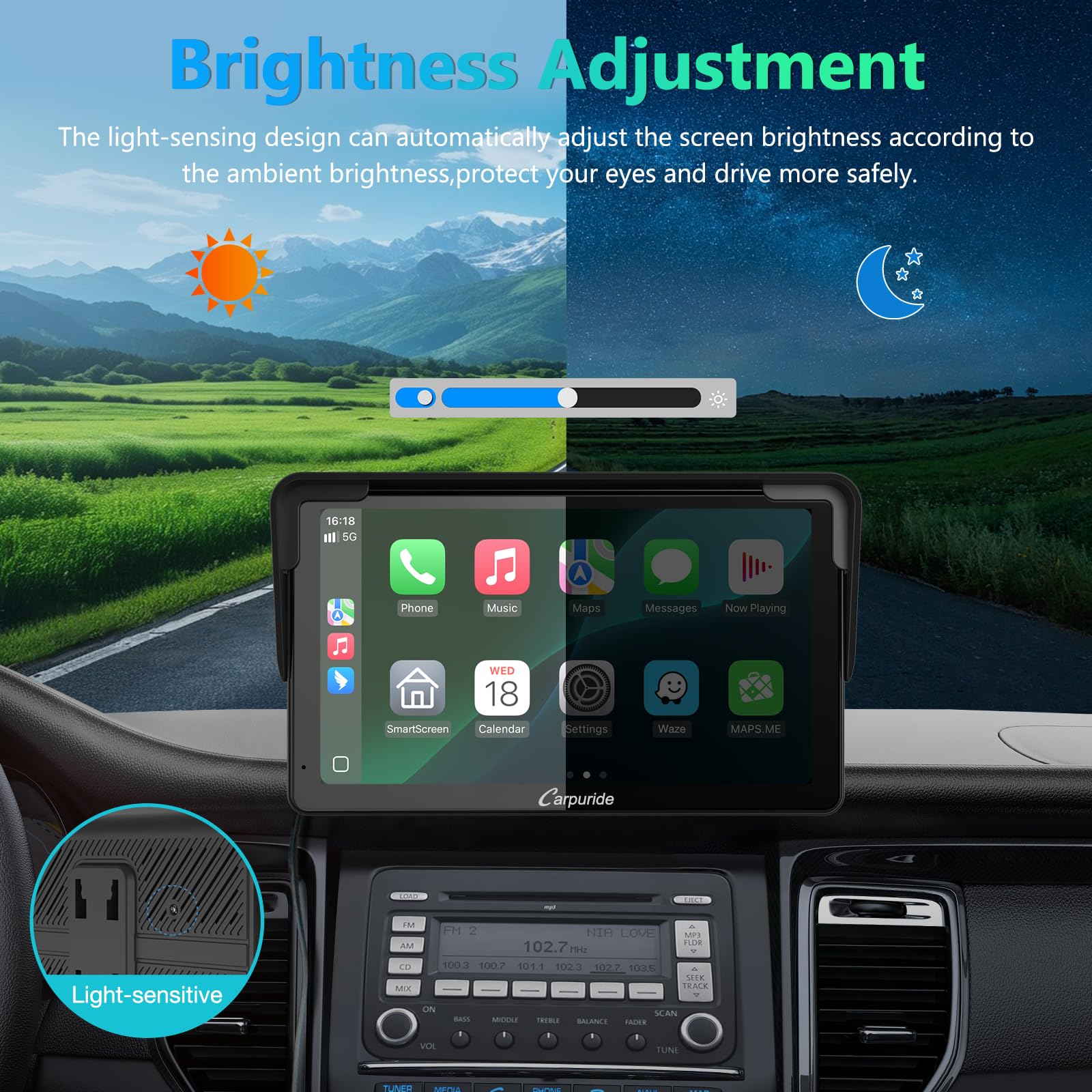 Carpuride Carplay Screen, Tragbares Kabelloses Carplay und Android-Auto, 7 Zoll 1080P HD-Touchscreen-Radio mit BT 5.0, Spiegel-Link-Unterstützung, LKW, Wohnmobil, Armaturenbrett-Halterung