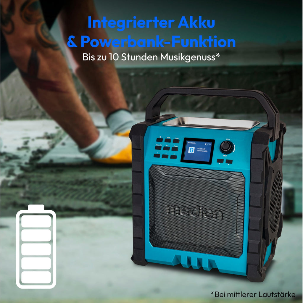 MEDION P66896 Baustellenradio (DAB Plus, DAB+/UKW, integrierter Akku, Farbdisplay, Bluetooth, Powerbank-Funktion, IP54, robust, Zwei Passivradiatoren)