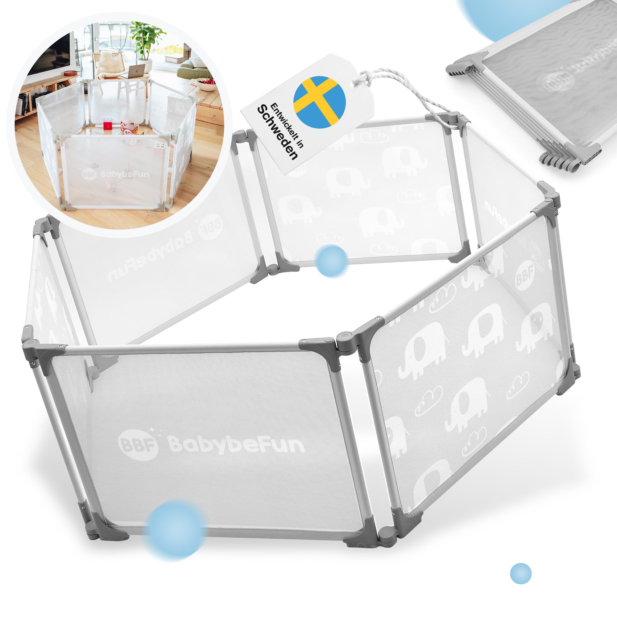 BabybeFun Laufstall Baby – 6-teilig & erweiterbar – Laufgitter Baby aus Stahl mit weicher Stoffummantelung - Laufstall faltbar & vielseitig einsetzbar (6-)