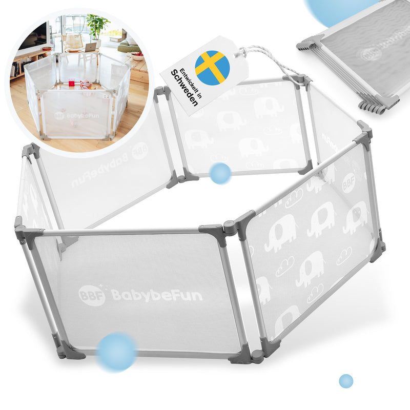 BabybeFun Laufstall Baby – 6-teilig & erweiterbar – Laufgitter Baby aus Stahl mit weicher Stoffummantelung - Laufstall faltbar & vielseitig einsetzbar (6-)