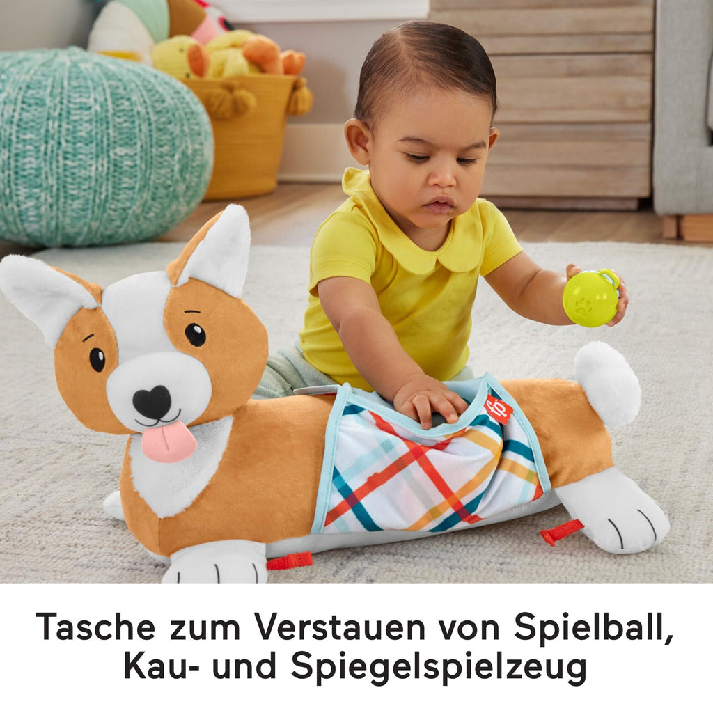 Fisher-Price Baby-Spielzeug zum Spielen in der Bauchlage, 3-in-1 Hündchen Spielkissen mit BPA-freiem Beißring, Rassel und Spiegel-Spielzeug