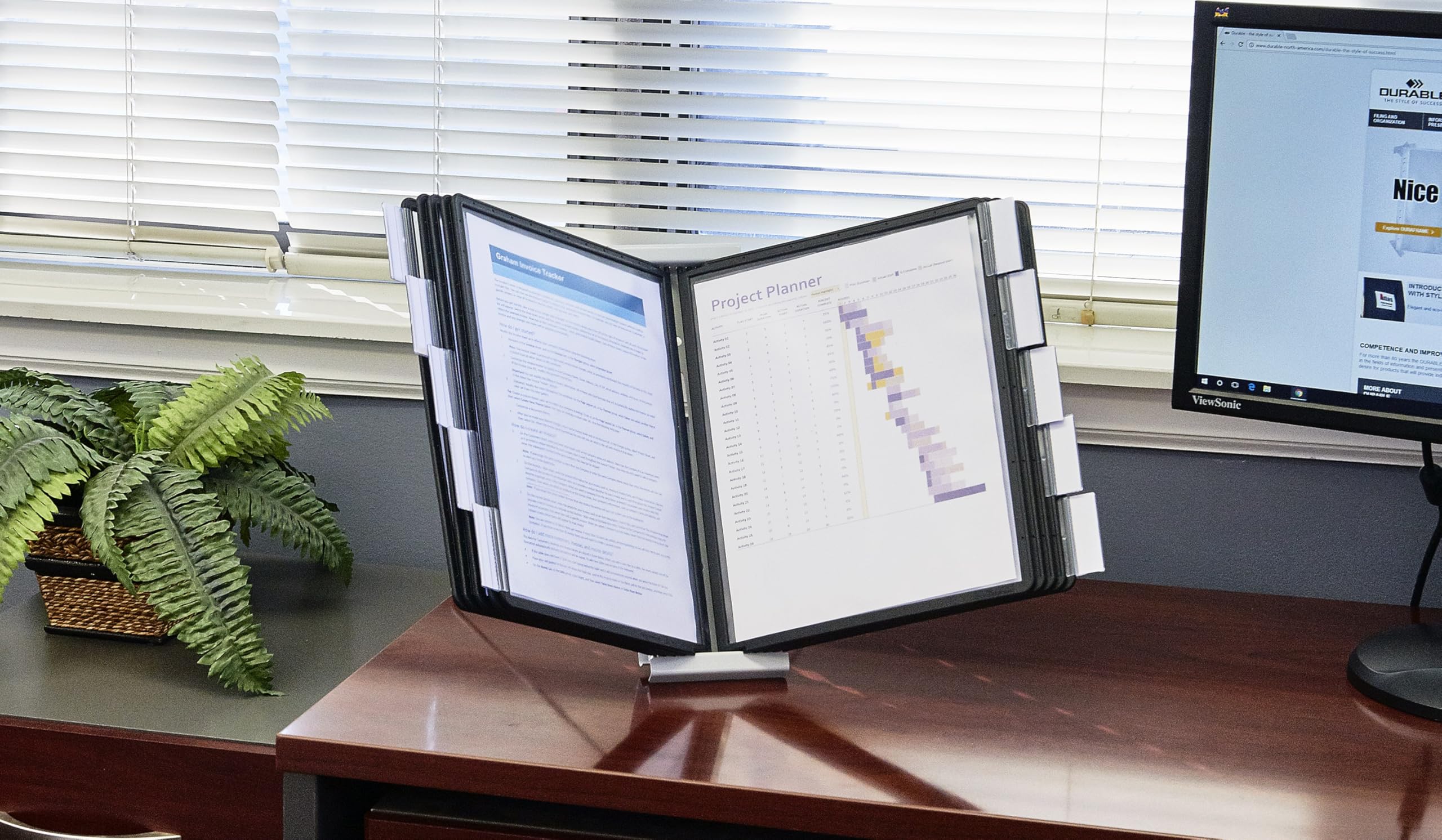 Durable Instaview20 Pocket Erweiterbares Desktop-Referenzsystem, Briefgröße, 10 doppelseitige Paneele, schwarze Ränder