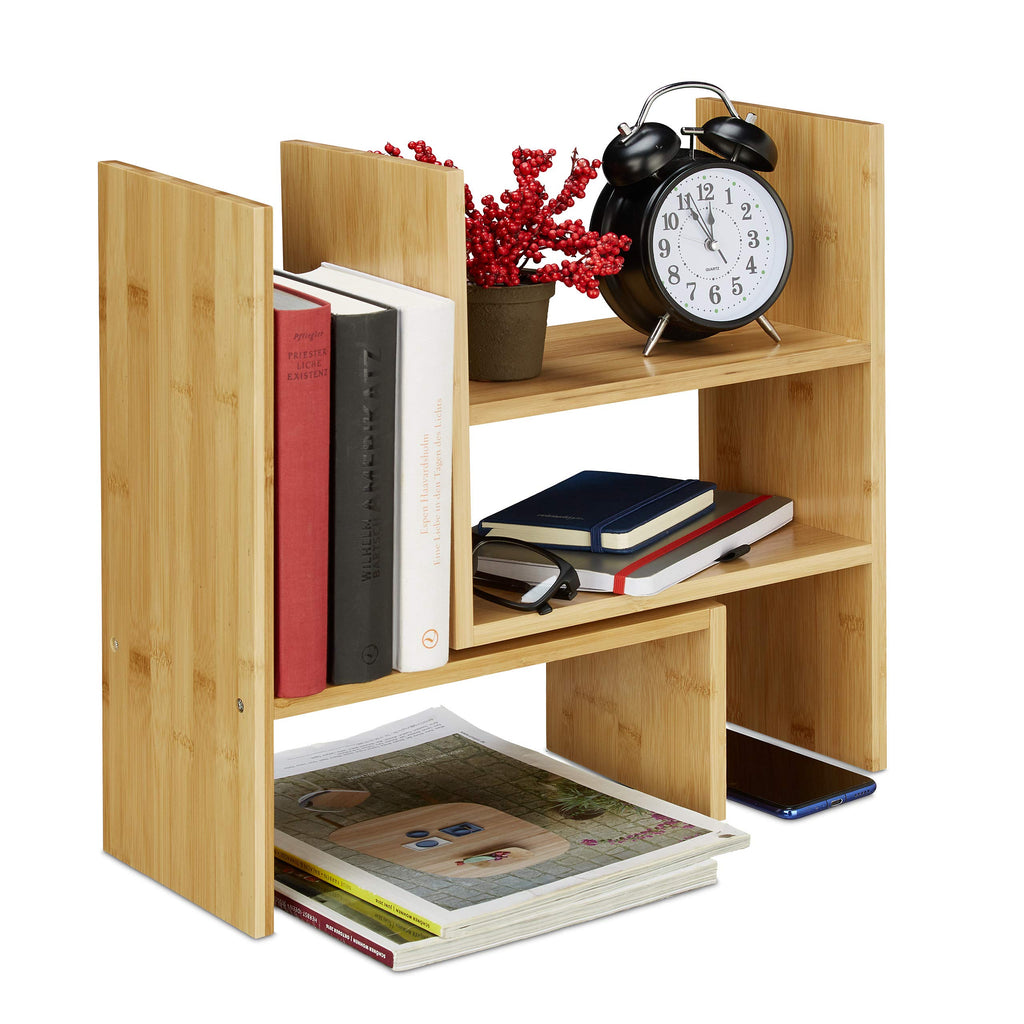 Relaxdays Tischregal Bambus, Verstellbarer Organizer, für Schreibtisch, Küche & Bad, Aufsatzregal, klein, H: 40cm, Natur