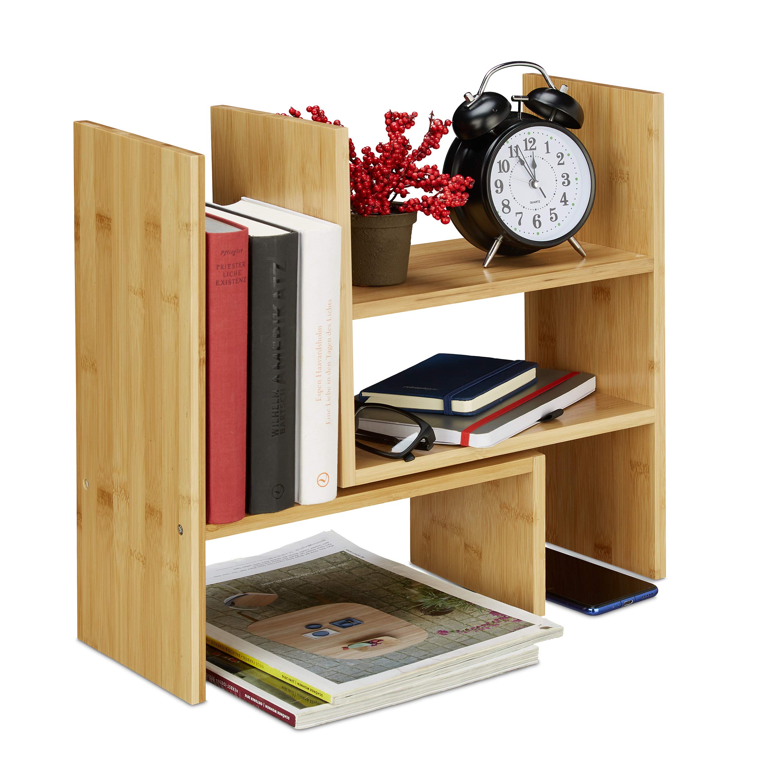 Relaxdays Tischregal Bambus, Verstellbarer Organizer, für Schreibtisch, Küche & Bad, Aufsatzregal, klein, H: 40cm, Natur