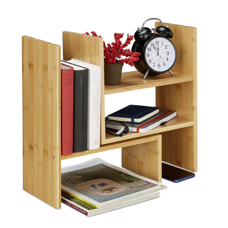 Relaxdays Tischregal Bambus, Verstellbarer Organizer, für Schreibtisch, Küche & Bad, Aufsatzregal, klein, H: 40cm, Natur