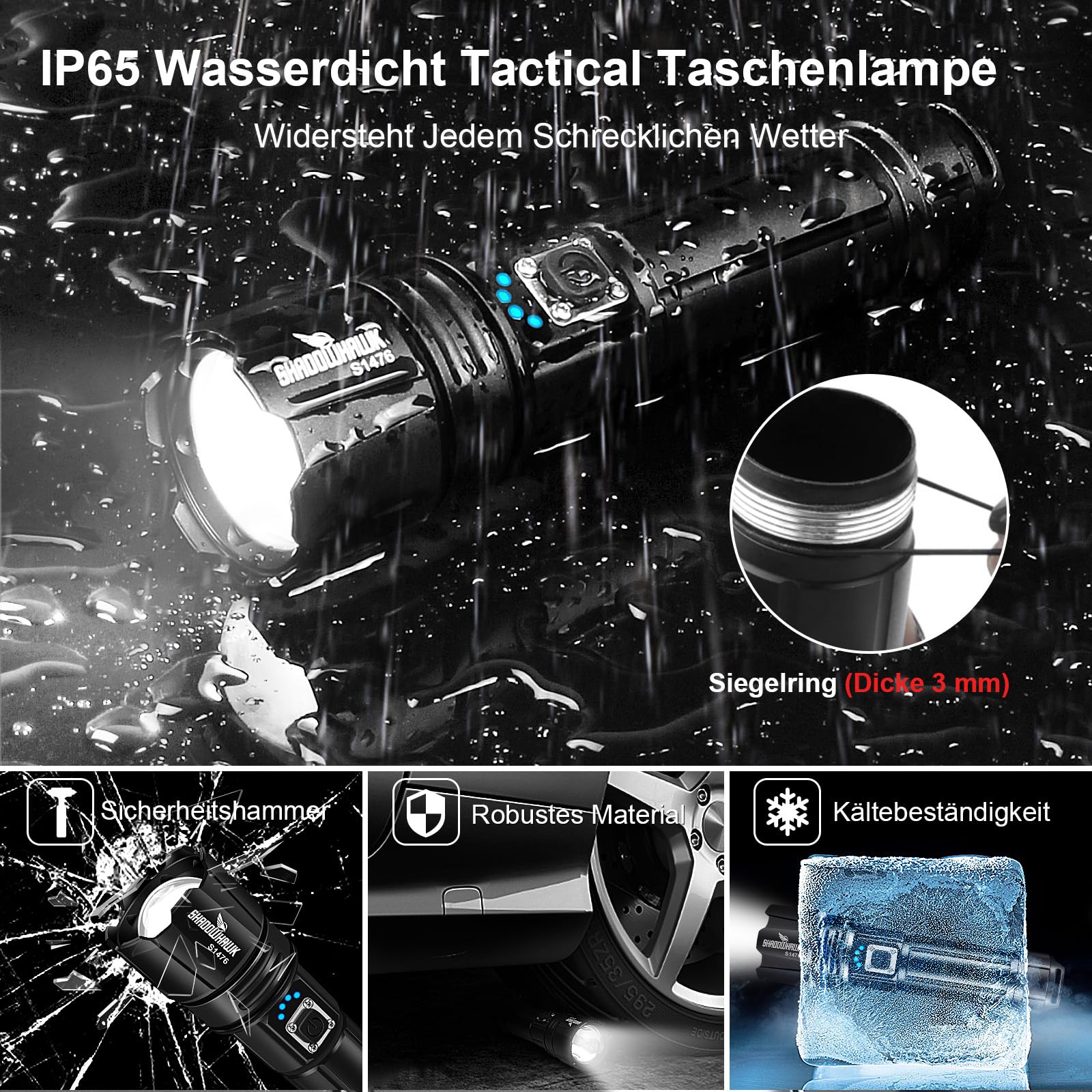 Shadowhawk Taschenlampe Led 500000 Lumen, Extrem Hell Taschenlampe USB Aufladbar Taktische Taschenlampen Mit holster XHP70.2, IP67 Wasserdicht 5 Lichtmodi für Camping Wandern Notfälle