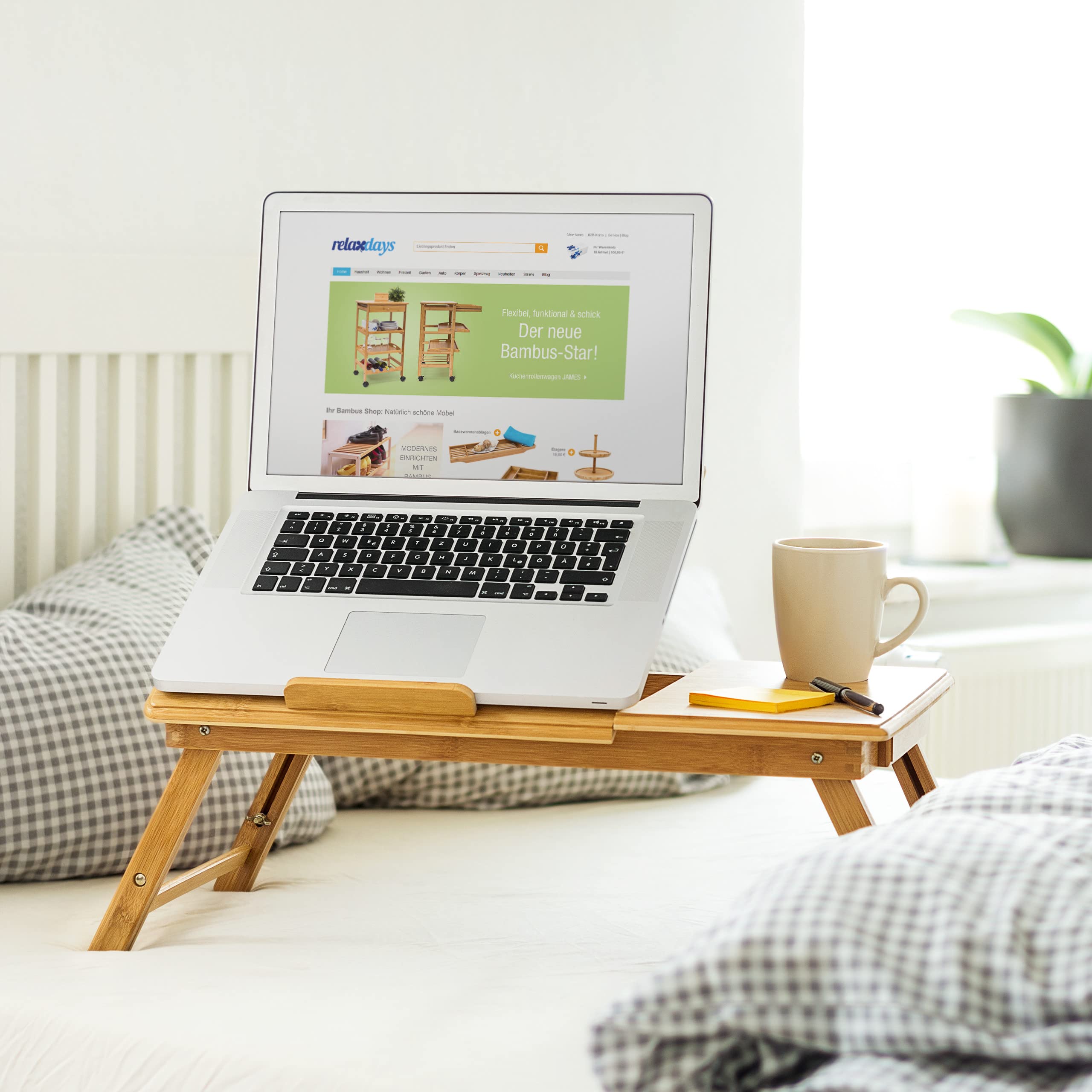 Relaxdays Betttablett Bambus höhenverstellbar HBT 30,5 x 72,5 x 35 cm Laptop Tisch für Notebook mit Leseklappe als Laptopständer klappbar mit Ablage für Maus und Bücher als Notebookständer, natur