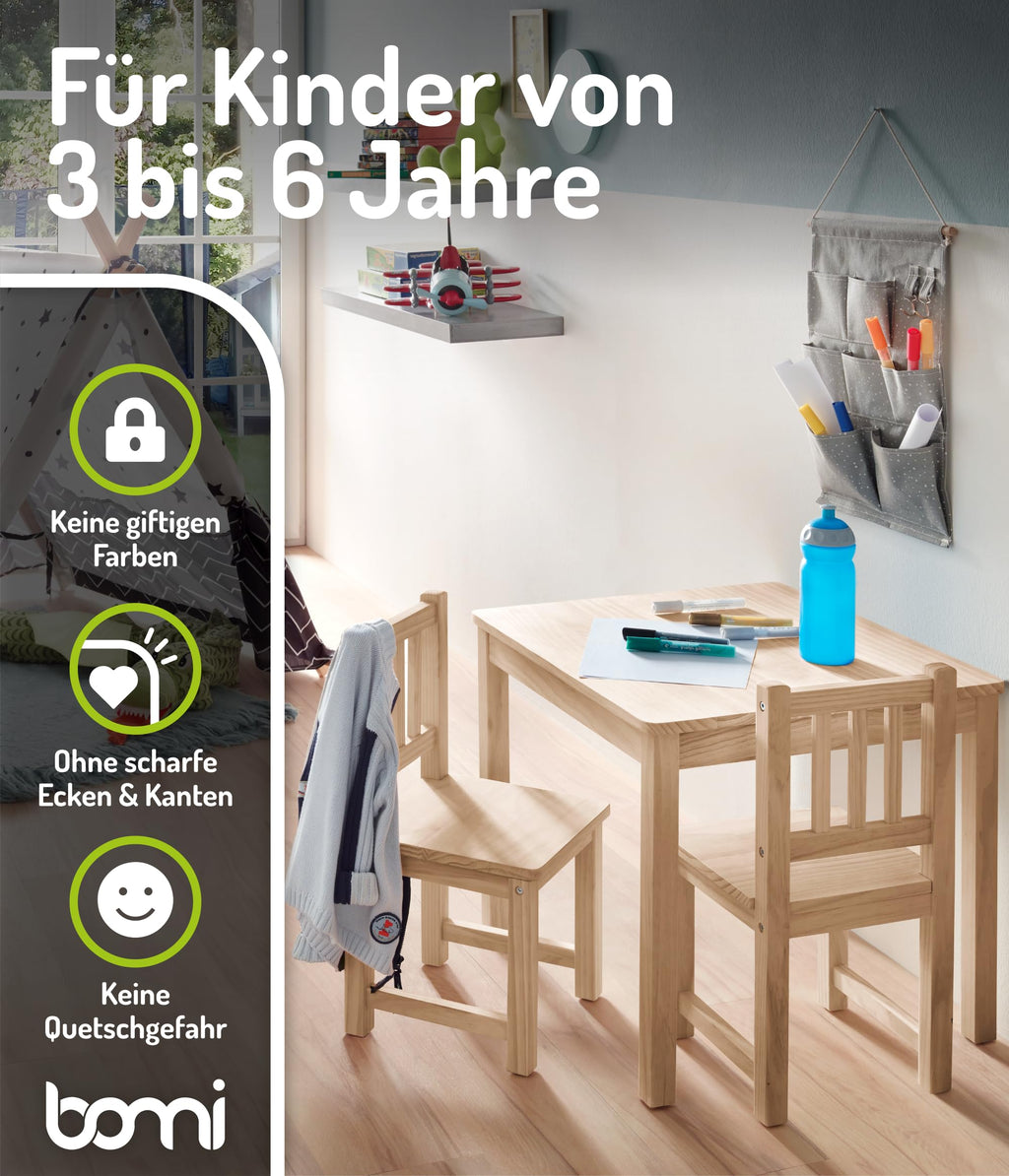 Bomi Kindersitzgruppe Holz Amy | Kindertisch mit 2 Stühlen | Tisch & Stühle Kinderzimmer Set | Kindertisch für drinnen | Maltisch & Basteltisch Kinder | Kindermöbel Holz Naturbelassen