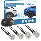 VSG24 Premium Einparkhilfe hinten zum nachrüsten am Auto, PDC Parksensoren hinten mit Stecksystem für einfachste Montage Rückfahrwarner mit Lautsprecher & 4 Sensoren Parkhilfe Nachrüstsatz Silber