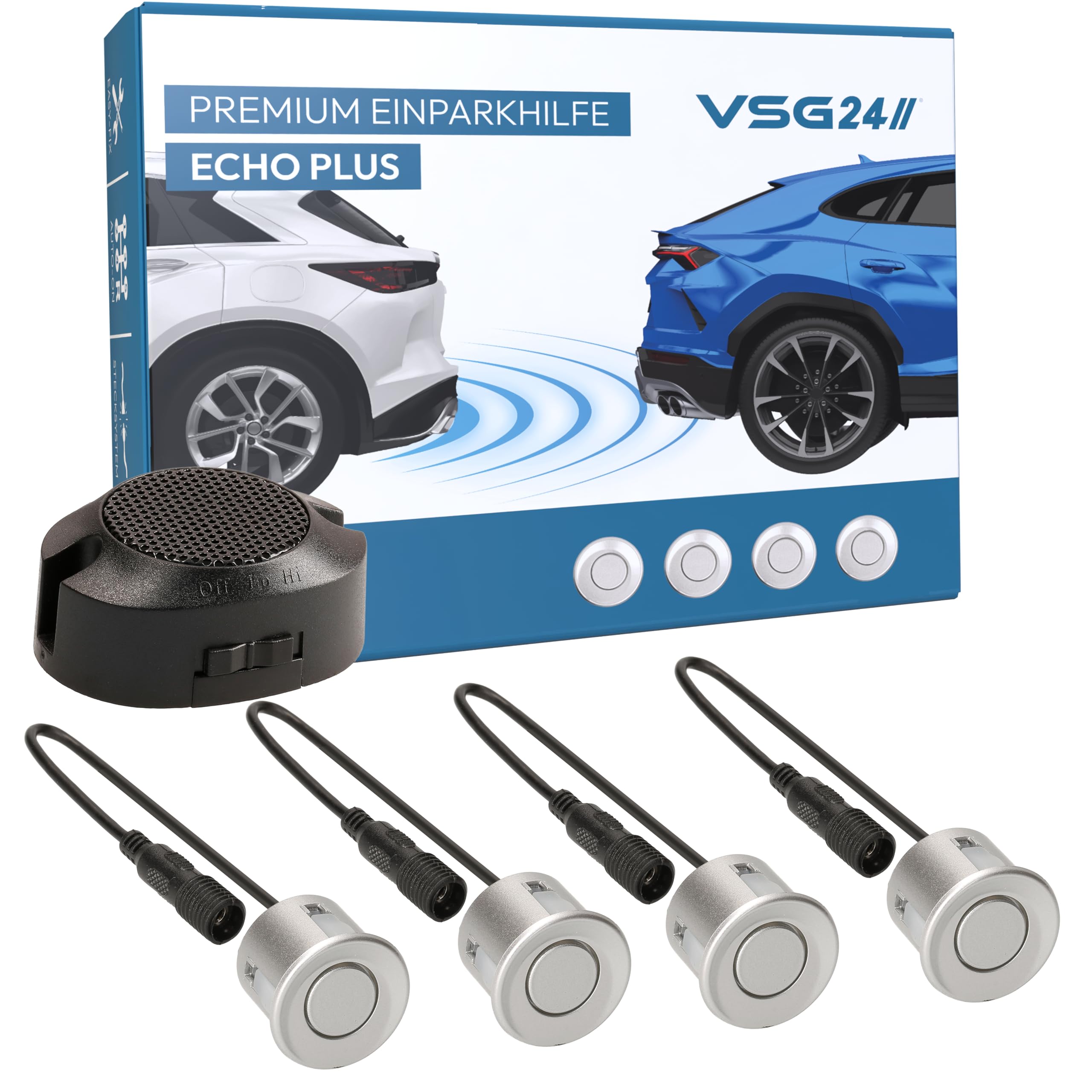 VSG24 Premium Einparkhilfe hinten zum nachrüsten am Auto, PDC Parksensoren hinten mit Stecksystem für einfachste Montage Rückfahrwarner mit Lautsprecher & 4 Sensoren Parkhilfe Nachrüstsatz Silber