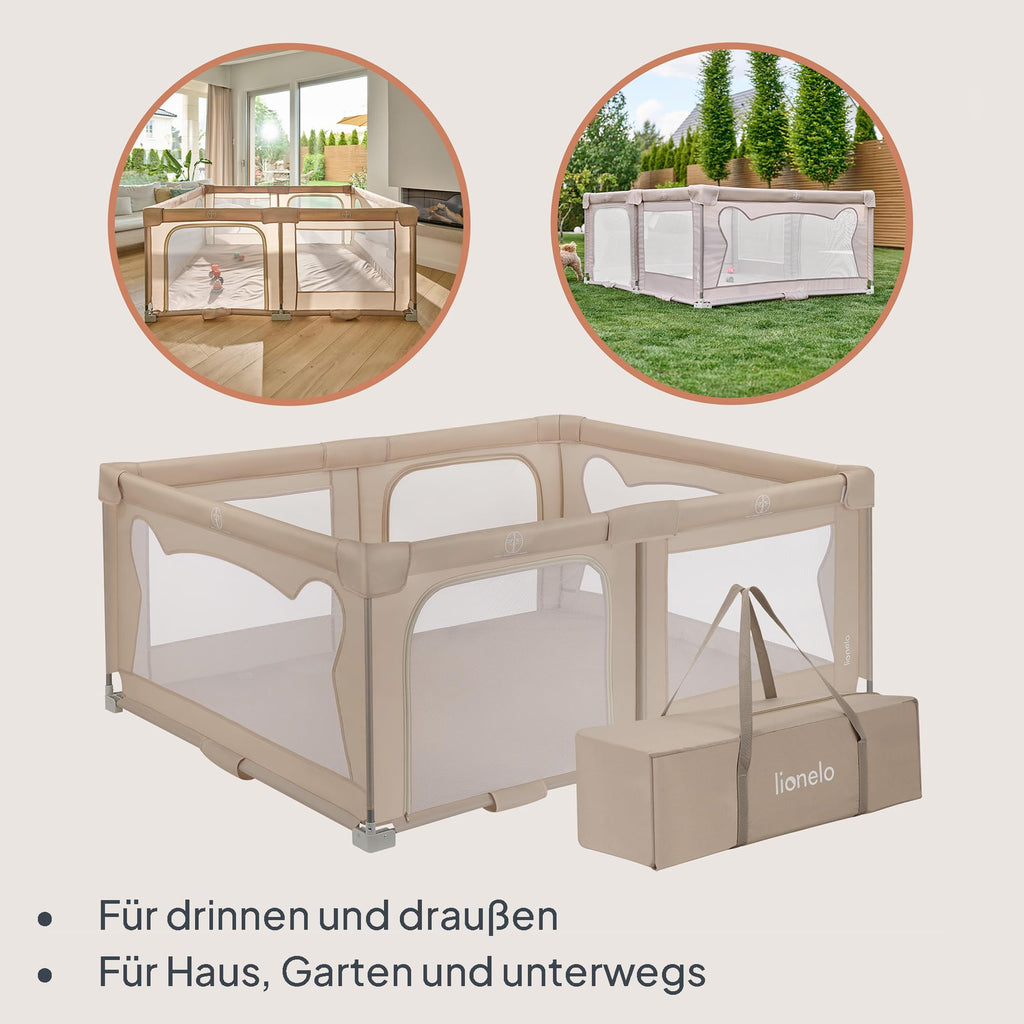 Lionelo Kinderlaufgitter 150 x 180 x 75 cm Florence Easy Fold, atmungsaktives Netz, sicher, tragbar, einfach zusammenklappbar, 2 Eingänge mit Reißverschluss, Reisetasche