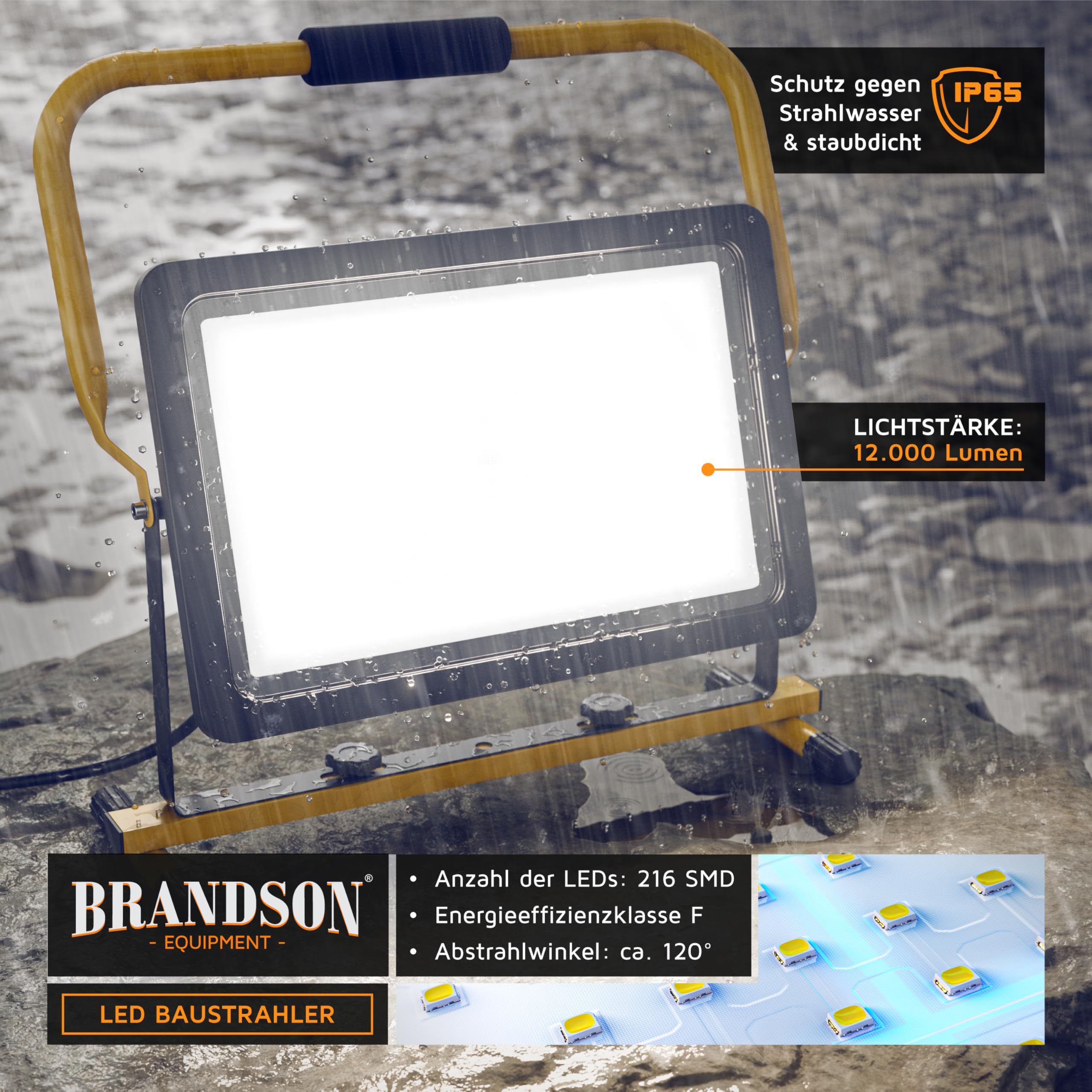 Brandson - LED Baustrahler 150W − Arbeitsscheinwerfer − Bauscheinwerfer − 216 SMD LEDs − Standgestell und Tragegriff − 12000 Lumen – 4 m Stromkabel − Metallgehäuse - IP65