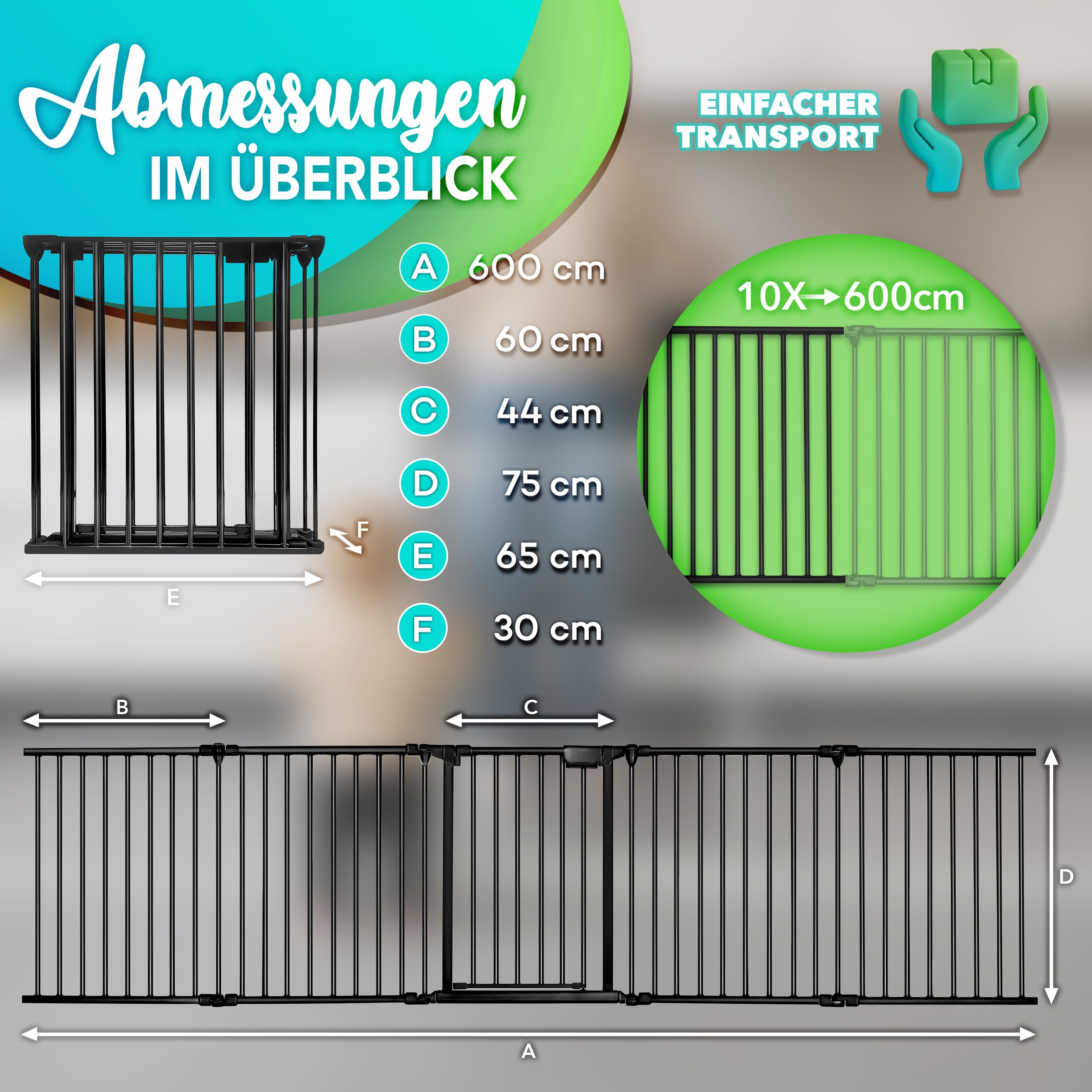KIDUKU® Kaminschutzgitter mit Tür Metall 600 cm | Absperrgitter Ofenschutzgitter faltbar | Konfigurationsgitter inkl. 10 Elementen (Schwarz)