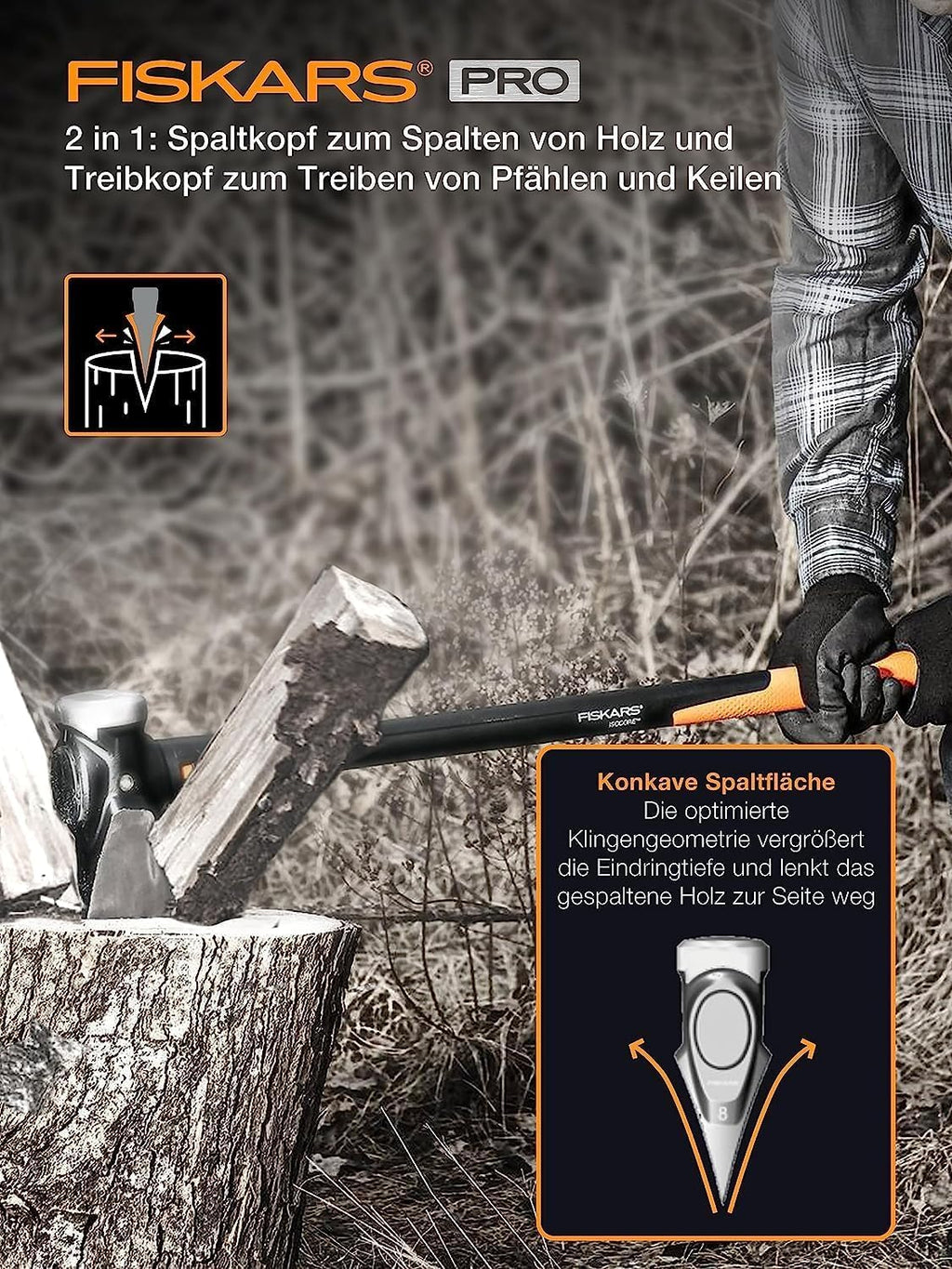 Fiskars Spaltaxt IsoCore XXL zum Spalten von Stammstücken oder zum Eintreiben von Keilen, Länge: 92 cm, Kopfgewicht: 3,6 kg, Schwarz/Orange, 1020220