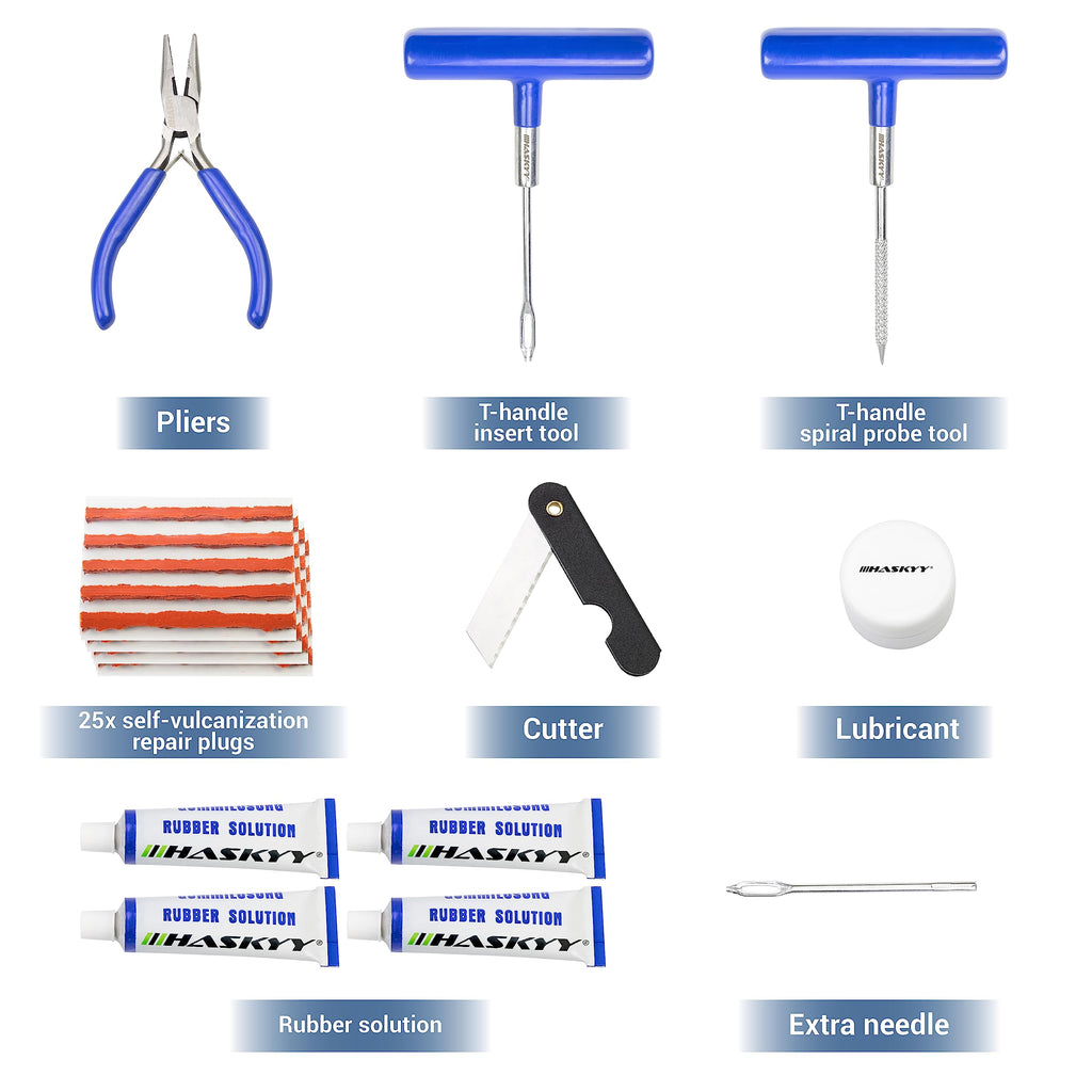 47 tlg. Reifenreparatur Set für I PKW Autos LKW Motorrad I QUAD ATVs UTVs I Traktoren Schlepper Rasenmäher Anhänger Trailer I Trucks Jeeps SUVs I Anleitung in 7 Sprachen