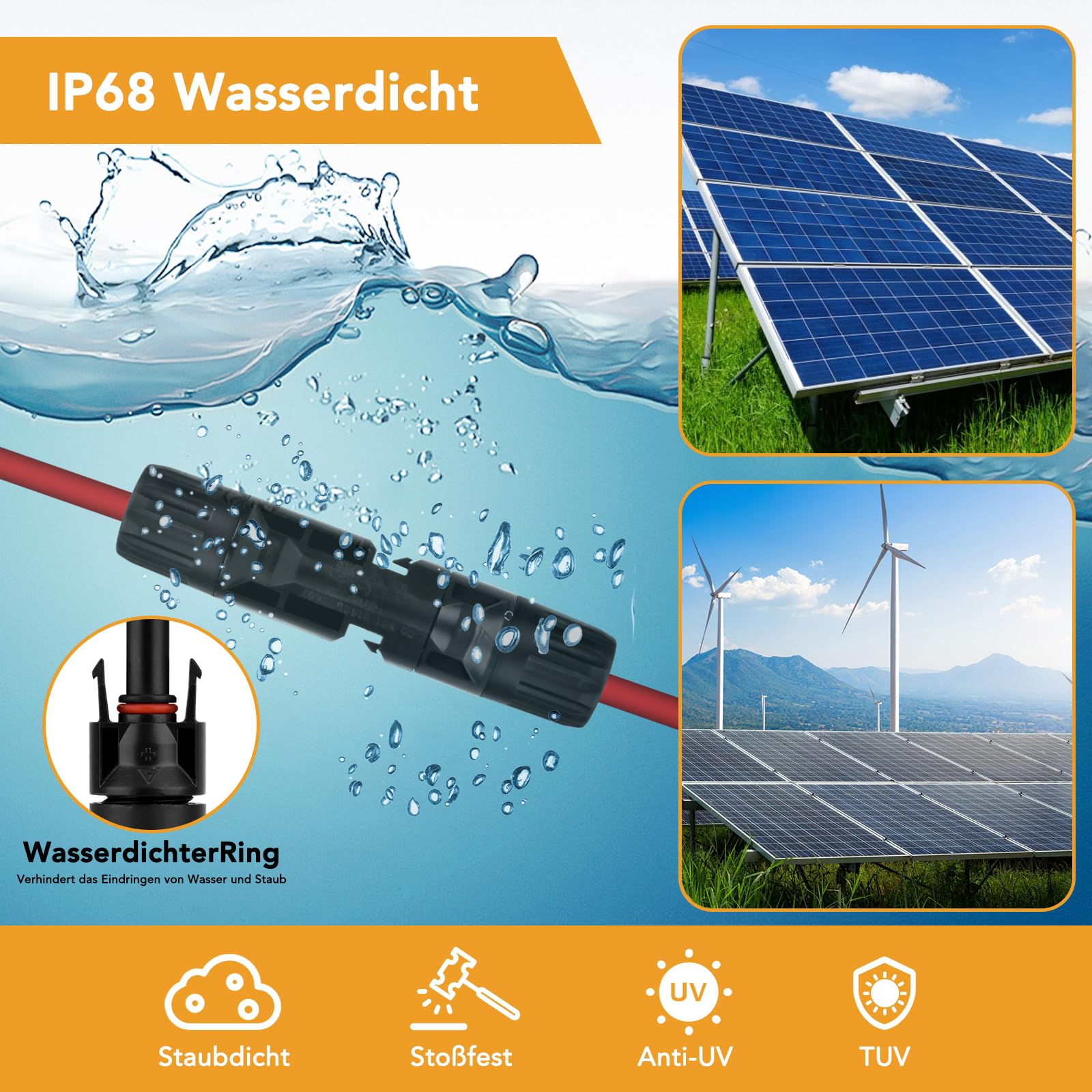 VIGRUE Solarstecker mc4 Stecker, mc4 Crimpzange Set für 2.5/4/6mm² Solarpanel PV Kabel, Männlich/Weiblich Solarpanel Kabelstecker, Ip68 Wasserdicht pv Stecker mit Crimpzange Schraubenschlüssel
