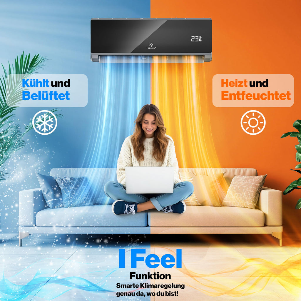 KESSER® Split Klimaanlage Set Quick Connect 12000 BTU 3,4 kW – WiFi & App Klimagerät mit Heizfunktion & Kühlmodus Wandklimaanlage, mit Kupferleitung Kältemittel R32 Inkl. Montagematerial