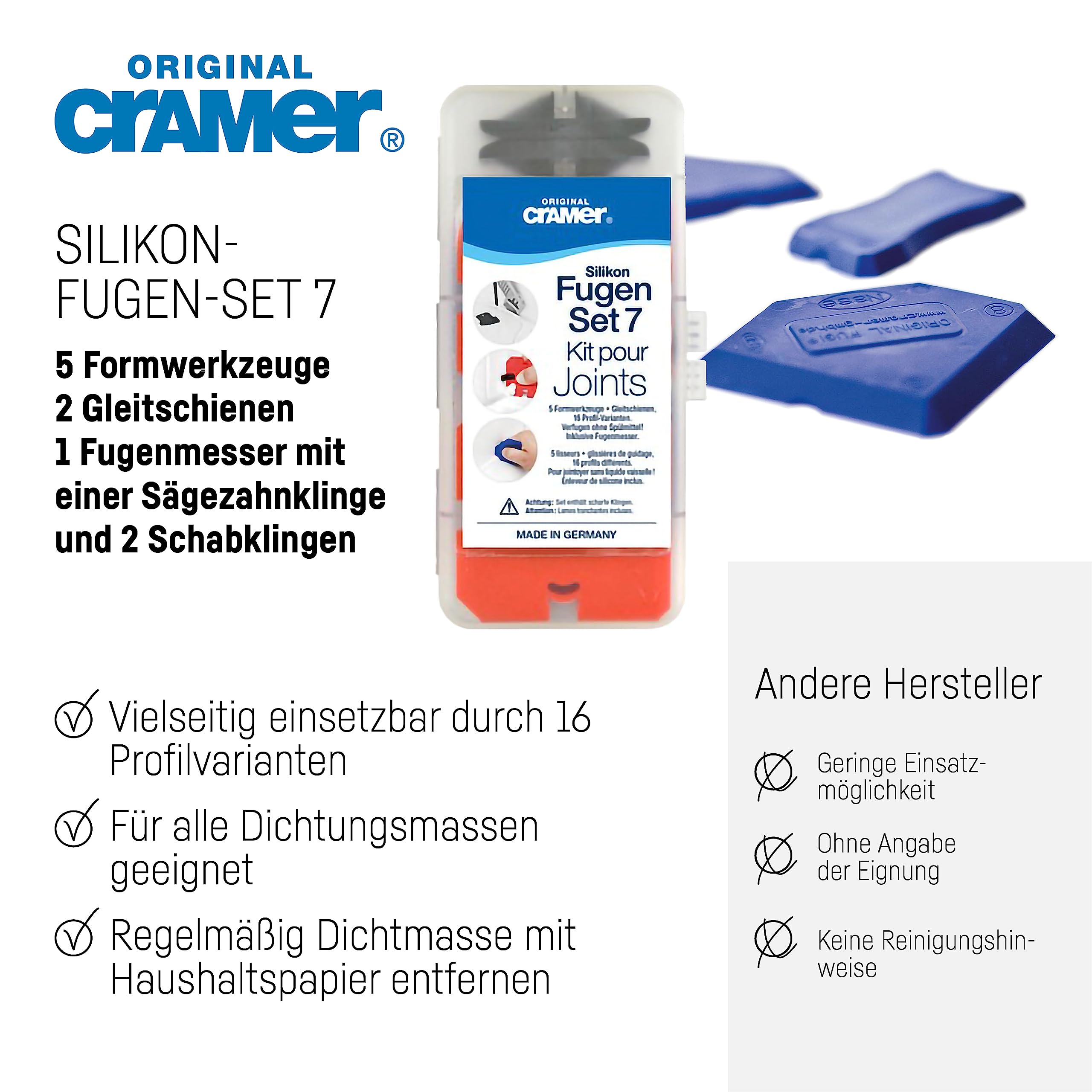 Cramer® Silikon Fugen-Set 7 I Zum Neuverfugen & Entfernen in Küche & Bad I Fugenglätter mit 16 Profilvarianten & Gleitschiene für alle Dichtungsmassen