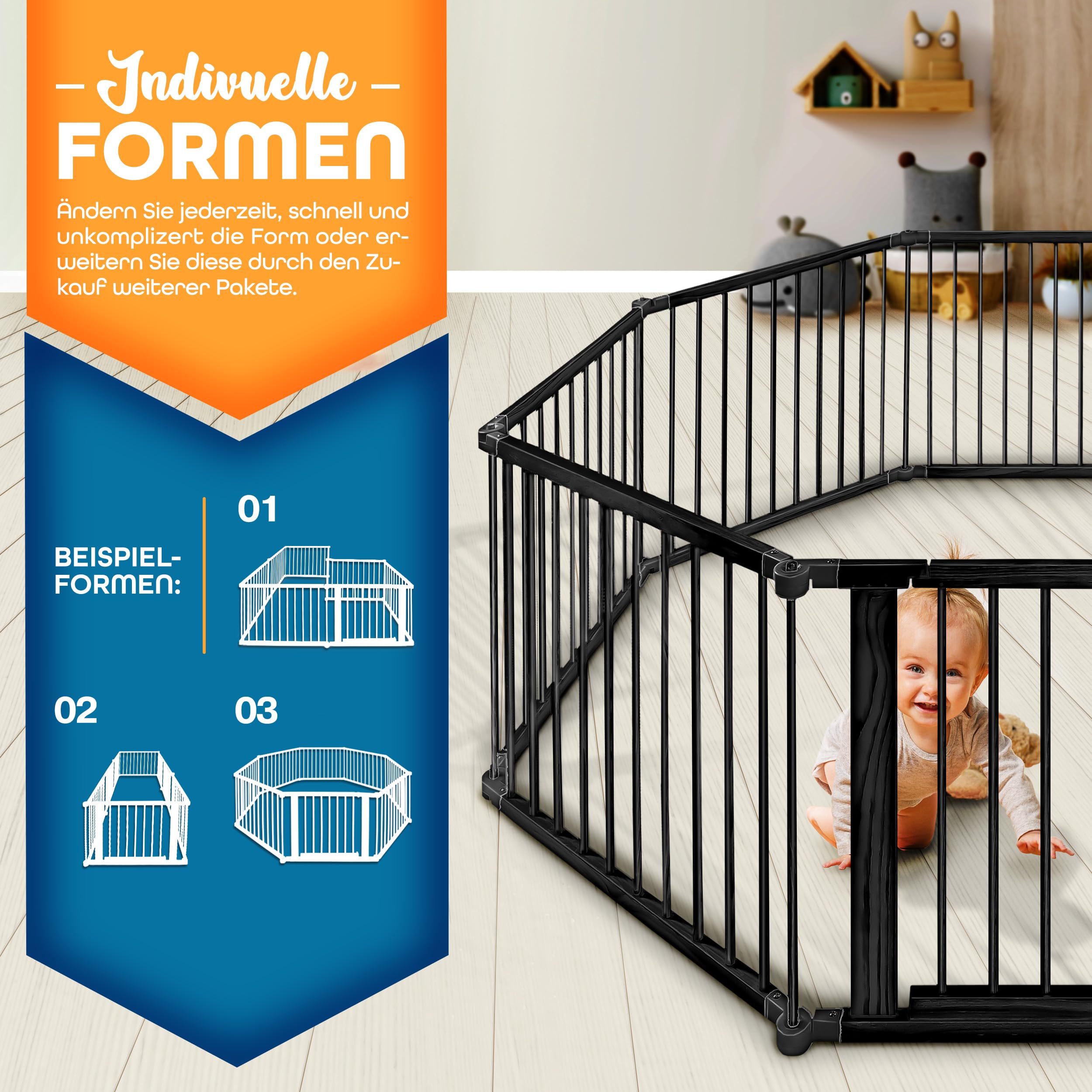 KIDUKU® 7,2 Meter Baby Laufgitter XXL klappbar inkl. Tür | Laufstall mit doppelter Sicherung | Absperrgitter für Kinder inkl. 8 Elementen | Krabbelgitter individuell formbar