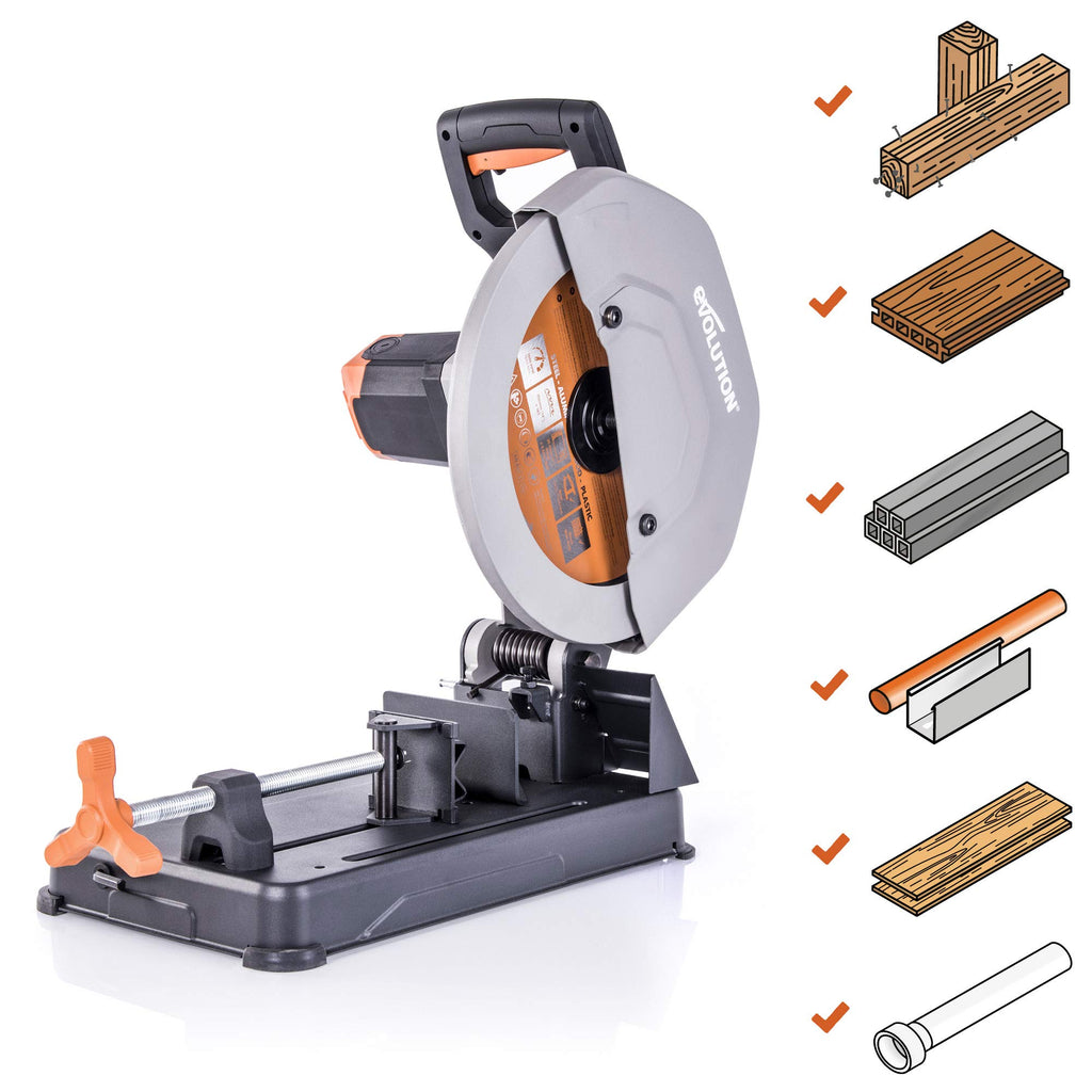 Evolution R355CPS Kappsäge Kapp-Zug-Gehrungssäge 2200 W | inkl. Ø 355 mm HM-Sägeblatt Multi-Material-Schneiden Holz, Aluminium, Stahl, Kunststoff | Schnittleistung von 120 x 120 mm | 0-45˚ Gehrung