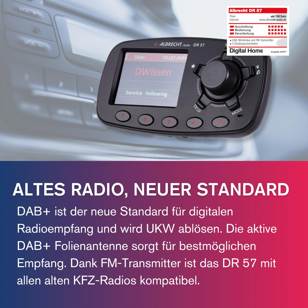 Albrecht DR 57 DAB+ Autoradio-Adapter, zum kabellosen Aufrüsten von KFZ-Radios, DAB+ & Musik-Streaming, inkl. Freisprechfunktion, 27257, schwarz